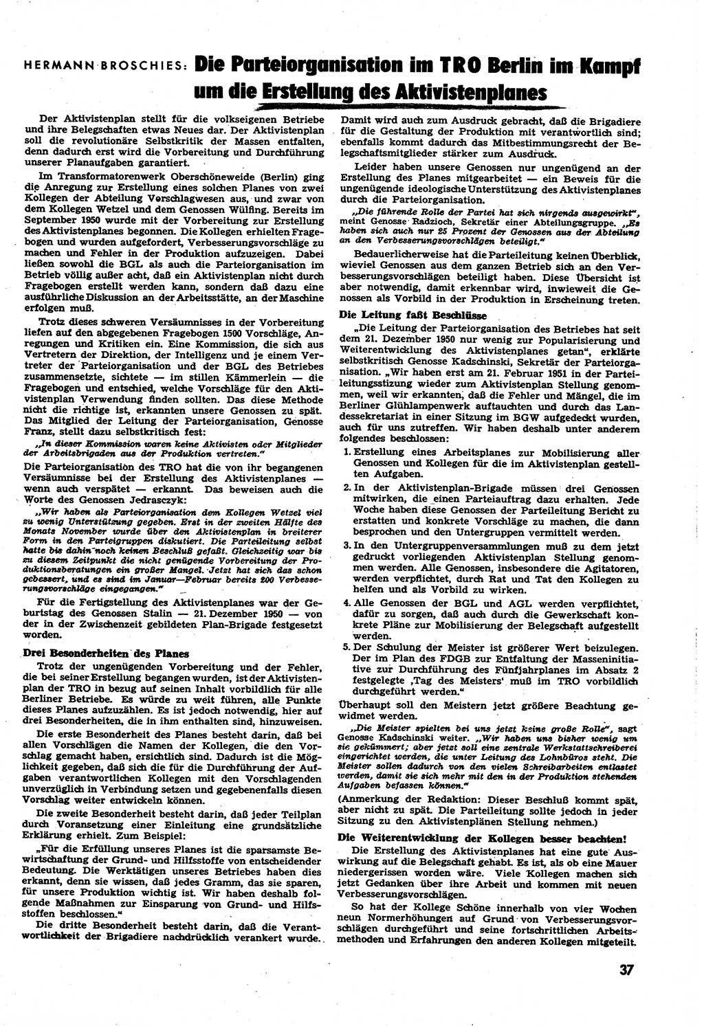 Neuer Weg (NW), Halbmonatsschrift für aktuelle Fragen der Arbeiterbewegung [Zentralkomitee (ZK) Sozialistische Einheitspartei Deutschlands (SED)], 6. Jahrgang [Deutsche Demokratische Republik (DDR)] 1951, Heft 7/37 (NW ZK SED DDR 1951, H. 7/37)