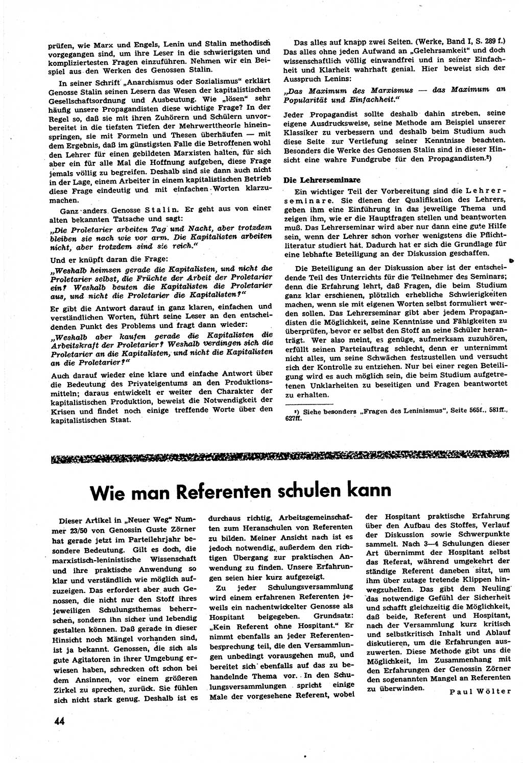 Neuer Weg (NW), Halbmonatsschrift für aktuelle Fragen der Arbeiterbewegung [Zentralkomitee (ZK) Sozialistische Einheitspartei Deutschlands (SED)], 6. Jahrgang [Deutsche Demokratische Republik (DDR)] 1951, Heft 7/44 (NW ZK SED DDR 1951, H. 7/44)