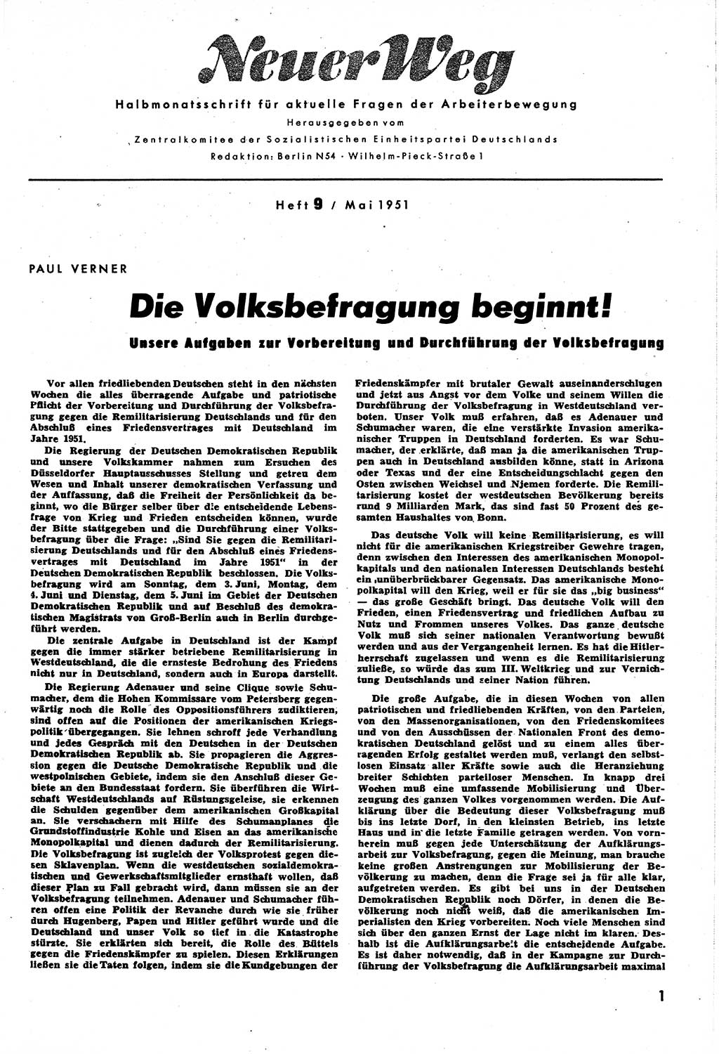 Neuer Weg (NW), Halbmonatsschrift für aktuelle Fragen der Arbeiterbewegung [Zentralkomitee (ZK) Sozialistische Einheitspartei Deutschlands (SED)], 6. Jahrgang [Deutsche Demokratische Republik (DDR)] 1951, Heft 9/1 (NW ZK SED DDR 1951, H. 9/1)