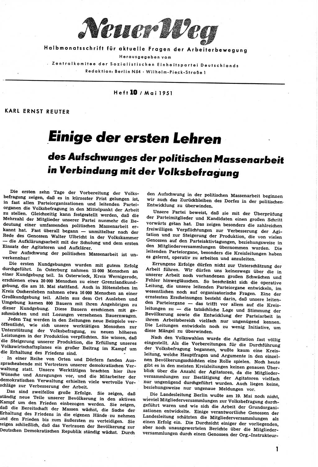 Neuer Weg (NW), Halbmonatsschrift für aktuelle Fragen der Arbeiterbewegung [Zentralkomitee (ZK) Sozialistische Einheitspartei Deutschlands (SED)], 6. Jahrgang [Deutsche Demokratische Republik (DDR)] 1951, Heft 10/1 (NW ZK SED DDR 1951, H. 10/1)