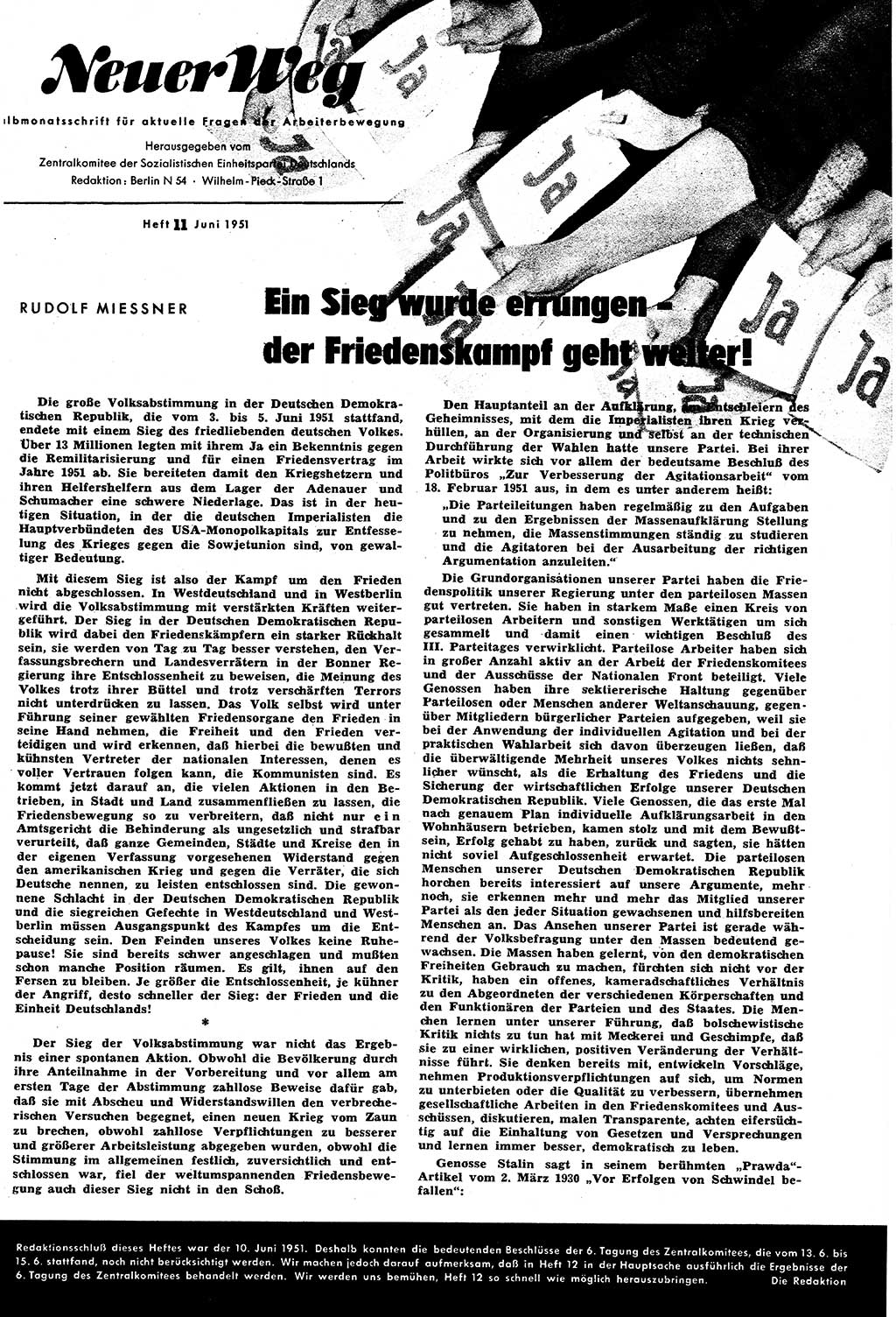 Neuer Weg (NW), Halbmonatsschrift für aktuelle Fragen der Arbeiterbewegung [Zentralkomitee (ZK) Sozialistische Einheitspartei Deutschlands (SED)], 6. Jahrgang [Deutsche Demokratische Republik (DDR)] 1951, Heft 11/1 (NW ZK SED DDR 1951, H. 11/1)