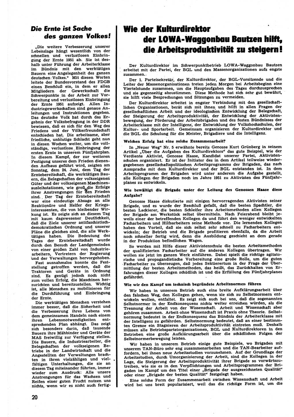 Neuer Weg (NW), Halbmonatsschrift für aktuelle Fragen der Arbeiterbewegung [Zentralkomitee (ZK) Sozialistische Einheitspartei Deutschlands (SED)], 6. Jahrgang [Deutsche Demokratische Republik (DDR)] 1951, Heft 13/20 (NW ZK SED DDR 1951, H. 13/20)