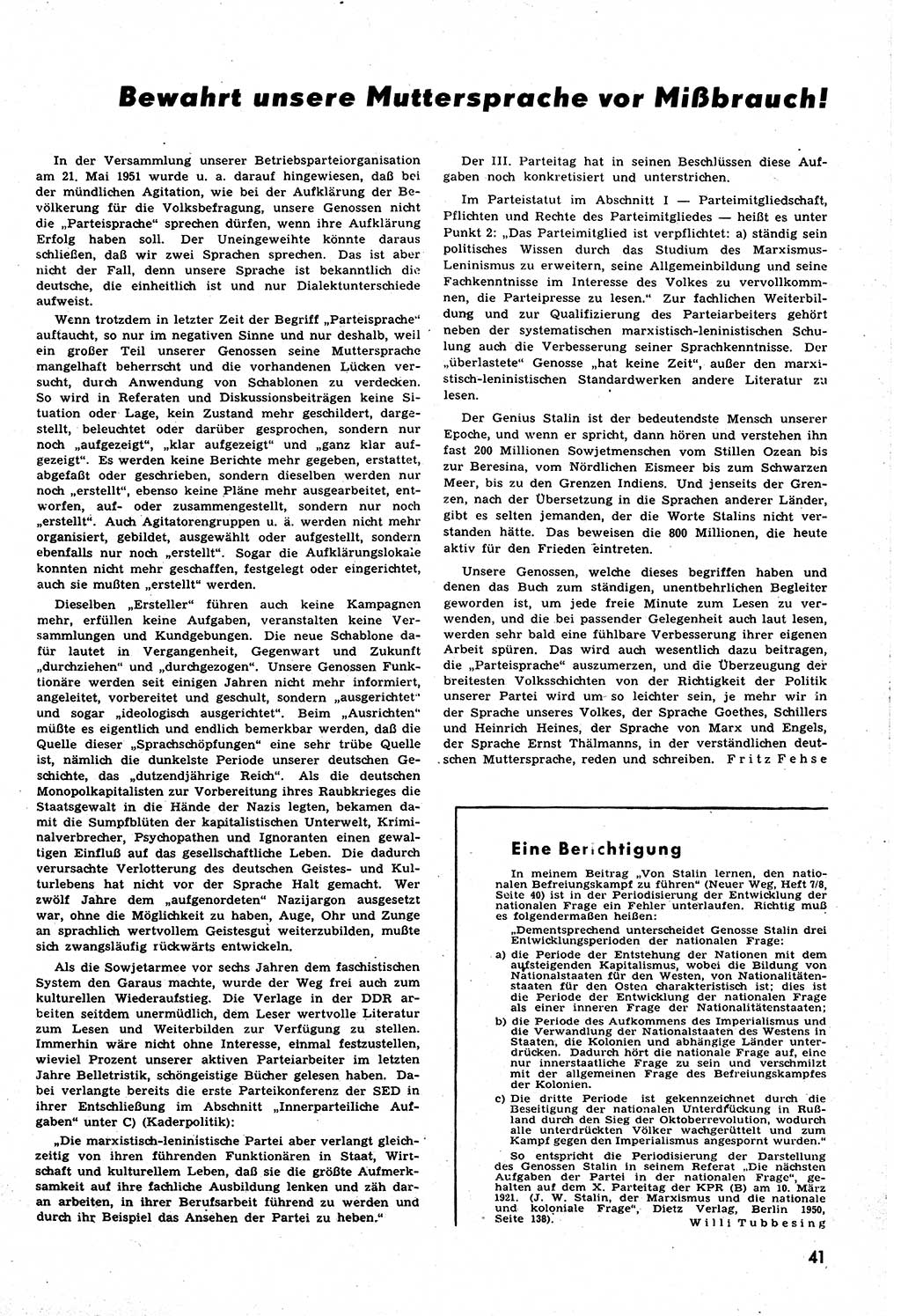 Neuer Weg (NW), Halbmonatsschrift für aktuelle Fragen der Arbeiterbewegung [Zentralkomitee (ZK) Sozialistische Einheitspartei Deutschlands (SED)], 6. Jahrgang [Deutsche Demokratische Republik (DDR)] 1951, Heft 13/41 (NW ZK SED DDR 1951, H. 13/41)