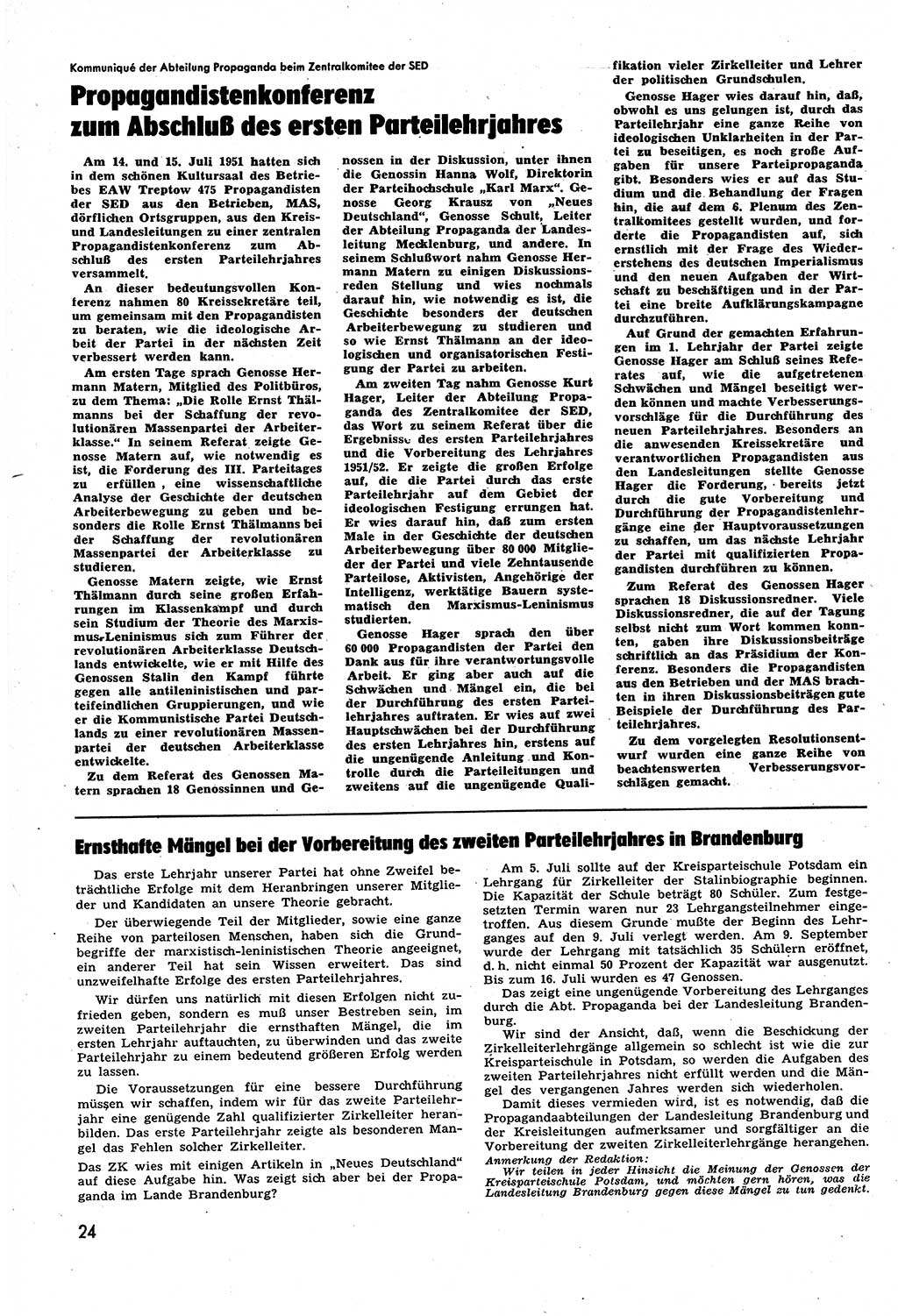 Neuer Weg (NW), Halbmonatsschrift für aktuelle Fragen der Arbeiterbewegung [Zentralkomitee (ZK) Sozialistische Einheitspartei Deutschlands (SED)], 6. Jahrgang [Deutsche Demokratische Republik (DDR)] 1951, Heft 14/24 (NW ZK SED DDR 1951, H. 14/24)