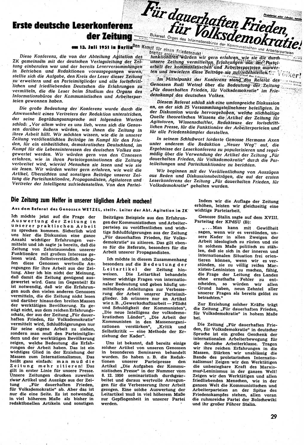 Neuer Weg (NW), Halbmonatsschrift für aktuelle Fragen der Arbeiterbewegung [Zentralkomitee (ZK) Sozialistische Einheitspartei Deutschlands (SED)], 6. Jahrgang [Deutsche Demokratische Republik (DDR)] 1951, Heft 14/29 (NW ZK SED DDR 1951, H. 14/29)