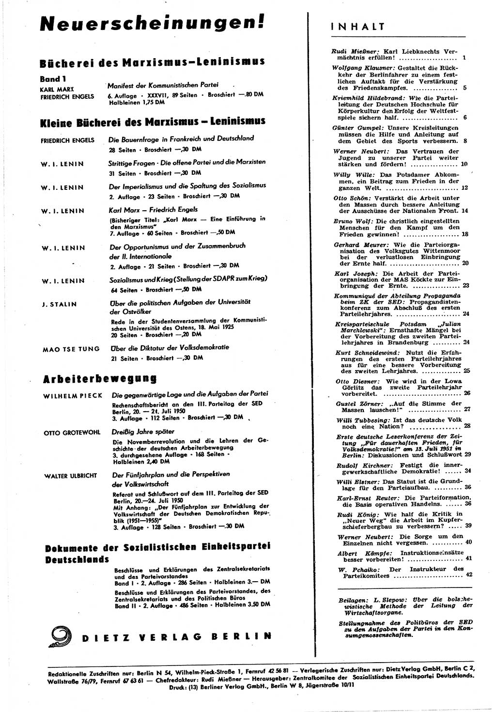 Neuer Weg (NW), Halbmonatsschrift für aktuelle Fragen der Arbeiterbewegung [Zentralkomitee (ZK) Sozialistische Einheitspartei Deutschlands (SED)], 6. Jahrgang [Deutsche Demokratische Republik (DDR)] 1951, Heft 14/44 (NW ZK SED DDR 1951, H. 14/44)