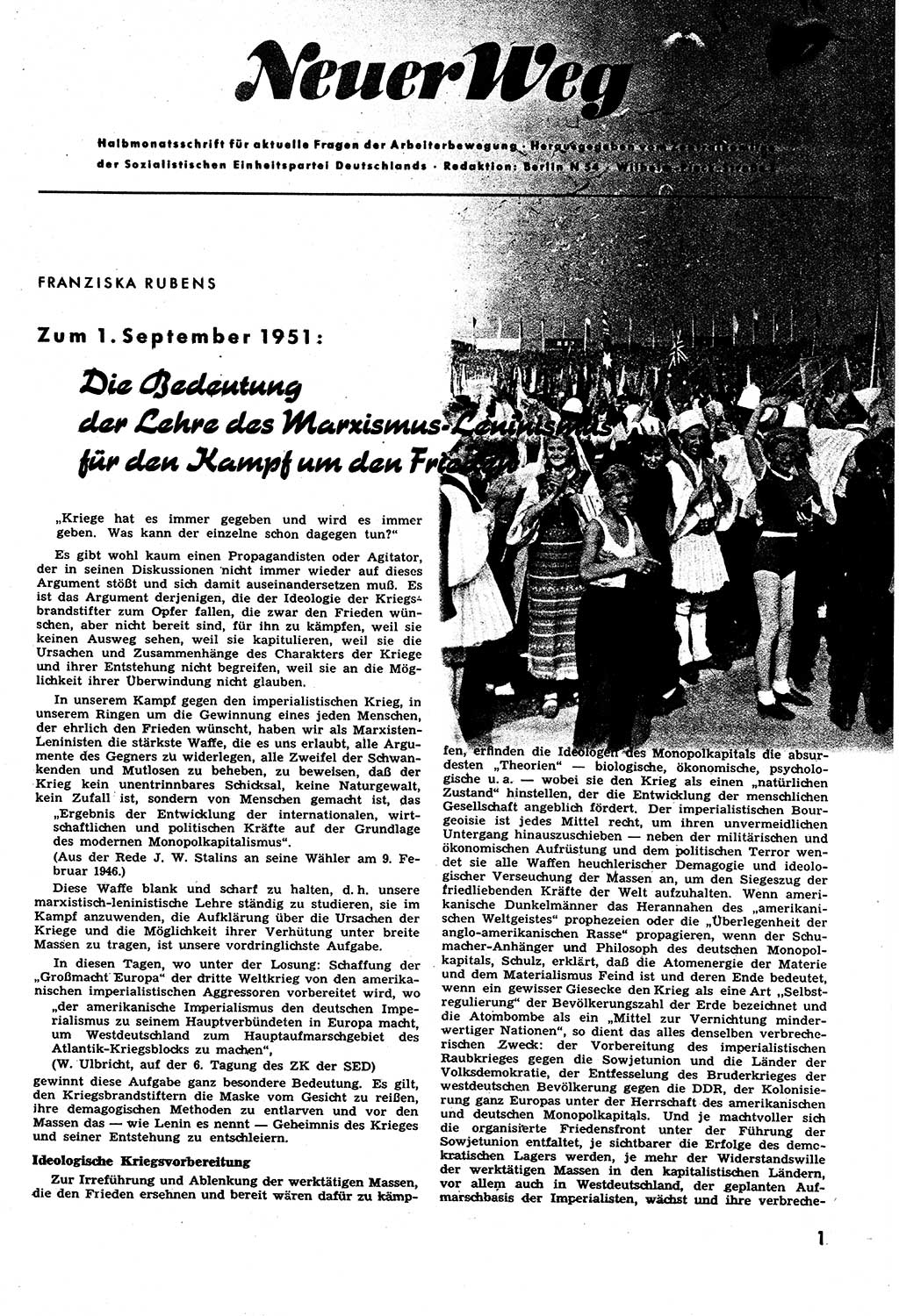 Neuer Weg (NW), Halbmonatsschrift für aktuelle Fragen der Arbeiterbewegung [Zentralkomitee (ZK) Sozialistische Einheitspartei Deutschlands (SED)], 6. Jahrgang [Deutsche Demokratische Republik (DDR)] 1951, Heft 15/1 (NW ZK SED DDR 1951, H. 15/1)