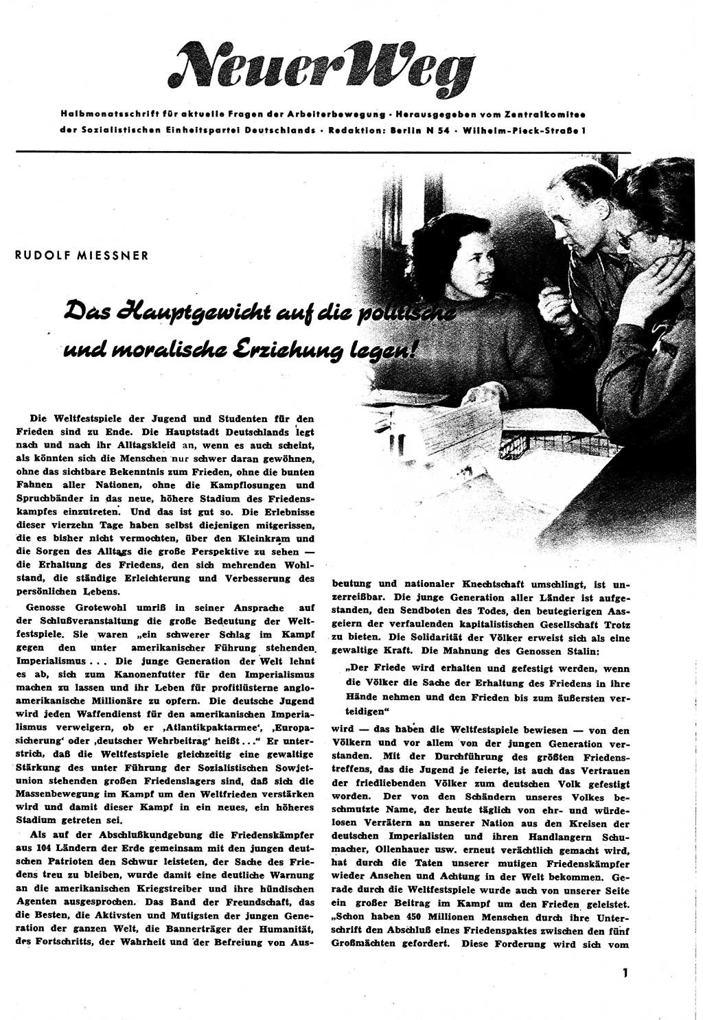 Neuer Weg (NW), Halbmonatsschrift für aktuelle Fragen der Arbeiterbewegung [Zentralkomitee (ZK) Sozialistische Einheitspartei Deutschlands (SED)], 6. Jahrgang [Deutsche Demokratische Republik (DDR)] 1951, Heft 16/1 (NW ZK SED DDR 1951, H. 16/1)
