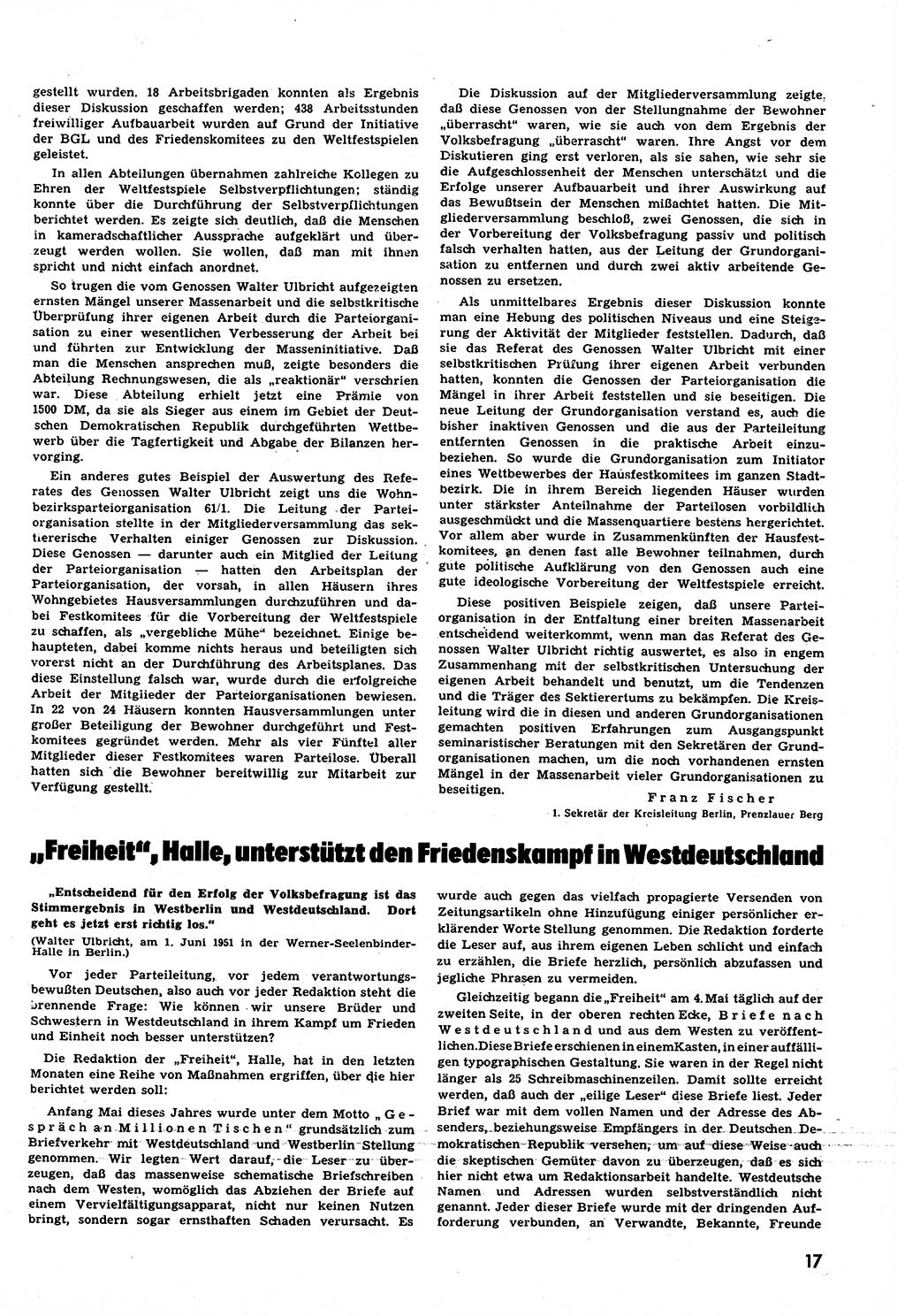 Neuer Weg (NW), Halbmonatsschrift für aktuelle Fragen der Arbeiterbewegung [Zentralkomitee (ZK) Sozialistische Einheitspartei Deutschlands (SED)], 6. Jahrgang [Deutsche Demokratische Republik (DDR)] 1951, Heft 16/17 (NW ZK SED DDR 1951, H. 16/17)