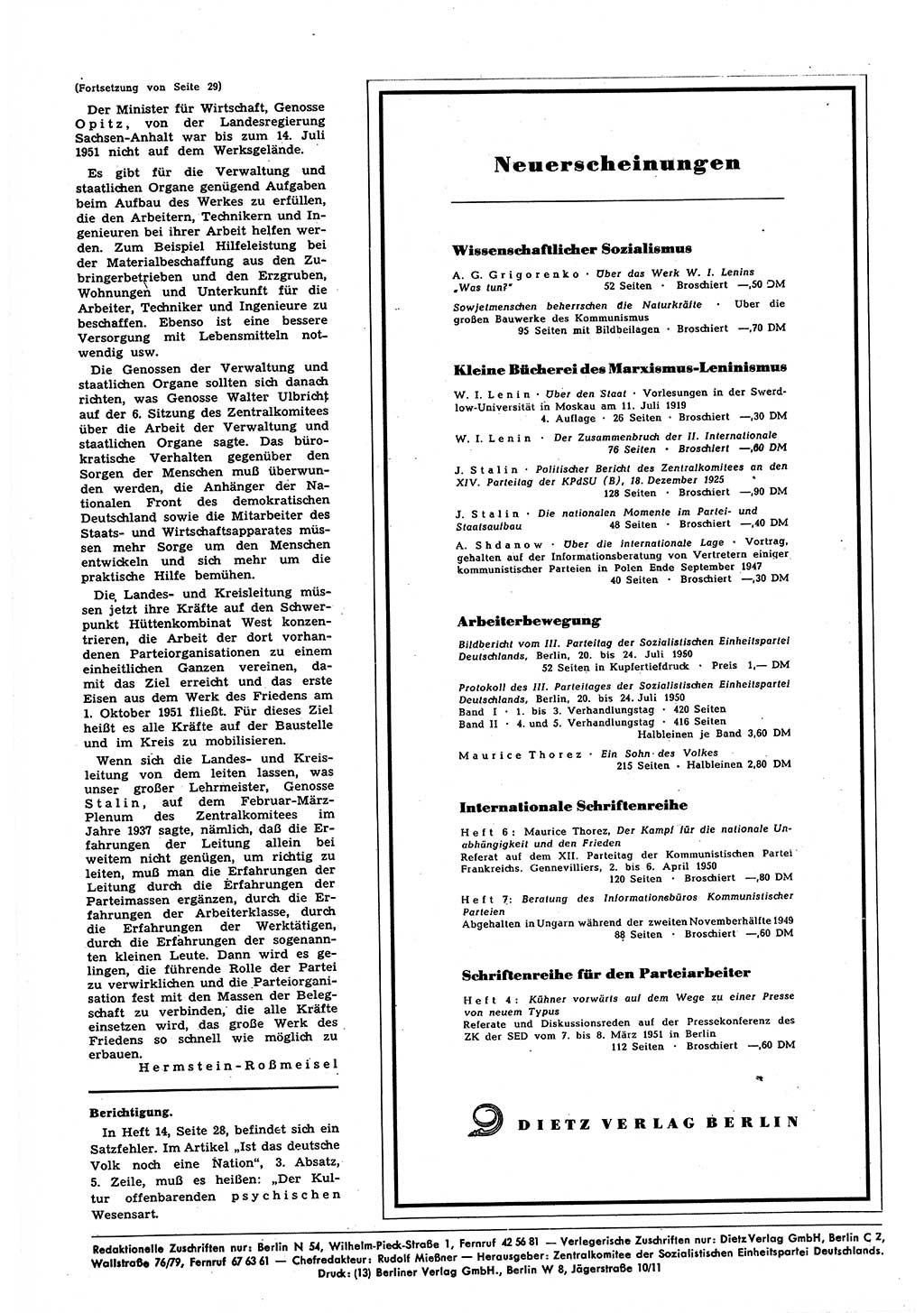 Neuer Weg (NW), Halbmonatsschrift für aktuelle Fragen der Arbeiterbewegung [Zentralkomitee (ZK) Sozialistische Einheitspartei Deutschlands (SED)], 6. Jahrgang [Deutsche Demokratische Republik (DDR)] 1951, Heft 16/44 (NW ZK SED DDR 1951, H. 16/44)