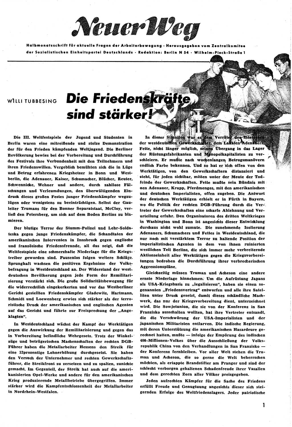 Neuer Weg (NW), Halbmonatsschrift für aktuelle Fragen der Arbeiterbewegung [Zentralkomitee (ZK) Sozialistische Einheitspartei Deutschlands (SED)], 6. Jahrgang [Deutsche Demokratische Republik (DDR)] 1951, Heft 17/1 (NW ZK SED DDR 1951, H. 17/1)