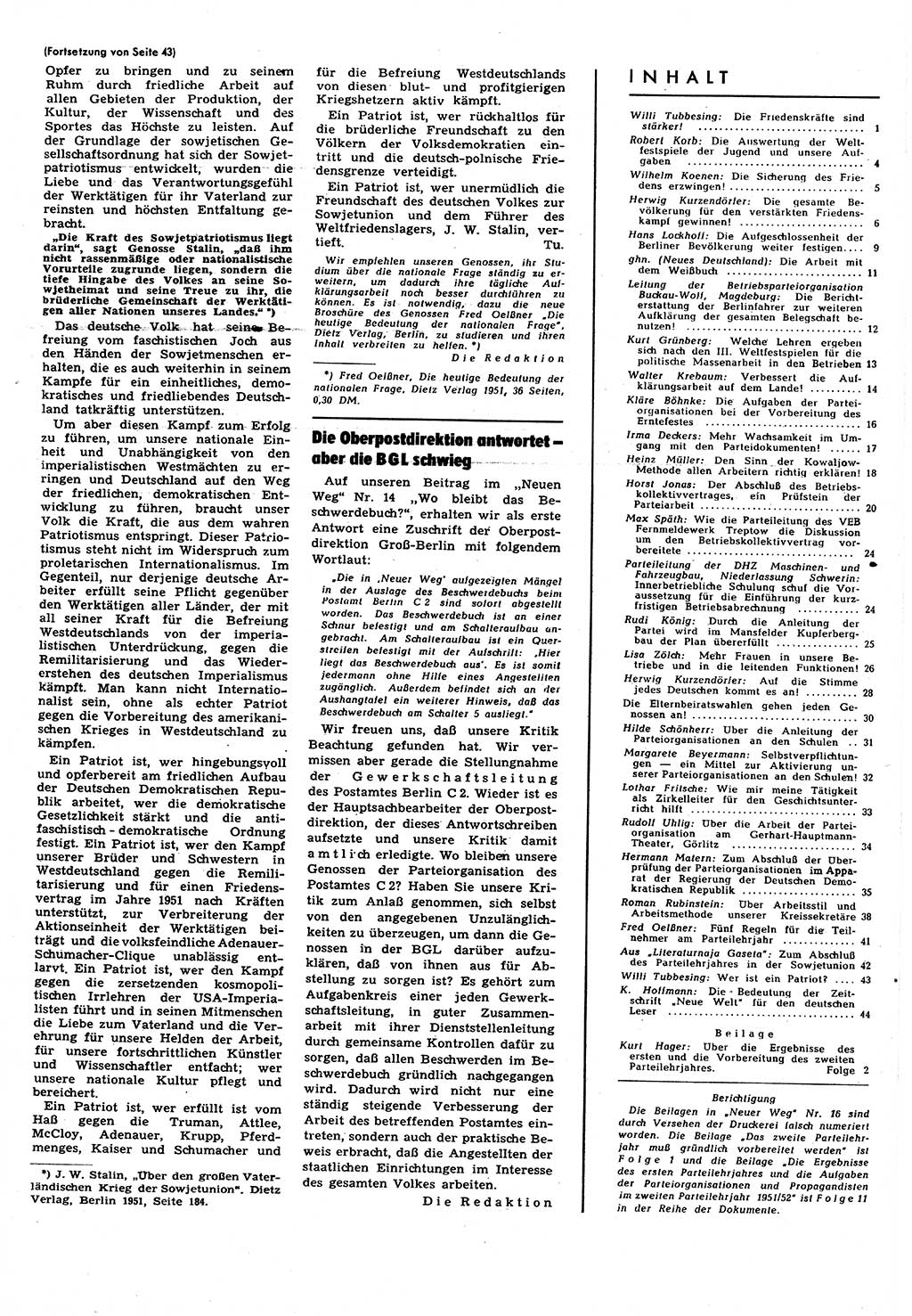 Neuer Weg (NW), Halbmonatsschrift für aktuelle Fragen der Arbeiterbewegung [Zentralkomitee (ZK) Sozialistische Einheitspartei Deutschlands (SED)], 6. Jahrgang [Deutsche Demokratische Republik (DDR)] 1951, Heft 17/45 (NW ZK SED DDR 1951, H. 17/45)