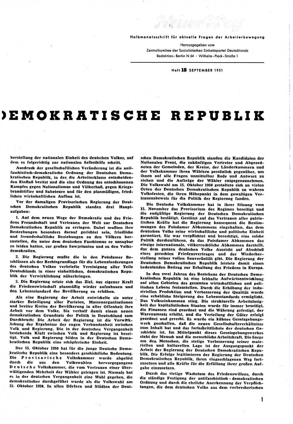 Neuer Weg (NW), Halbmonatsschrift für aktuelle Fragen der Arbeiterbewegung [Zentralkomitee (ZK) Sozialistische Einheitspartei Deutschlands (SED)], 6. Jahrgang [Deutsche Demokratische Republik (DDR)] 1951, Heft 18/1 (NW ZK SED DDR 1951, H. 18/1)