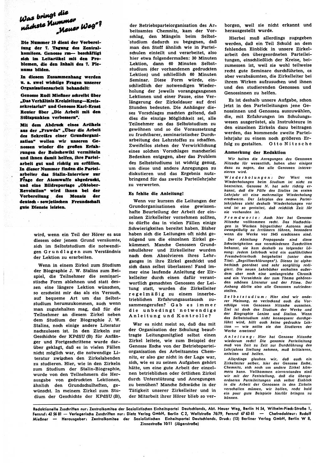 Neuer Weg (NW), Halbmonatsschrift für aktuelle Fragen der Arbeiterbewegung [Zentralkomitee (ZK) Sozialistische Einheitspartei Deutschlands (SED)], 6. Jahrgang [Deutsche Demokratische Republik (DDR)] 1951, Heft 18/28 (NW ZK SED DDR 1951, H. 18/28)