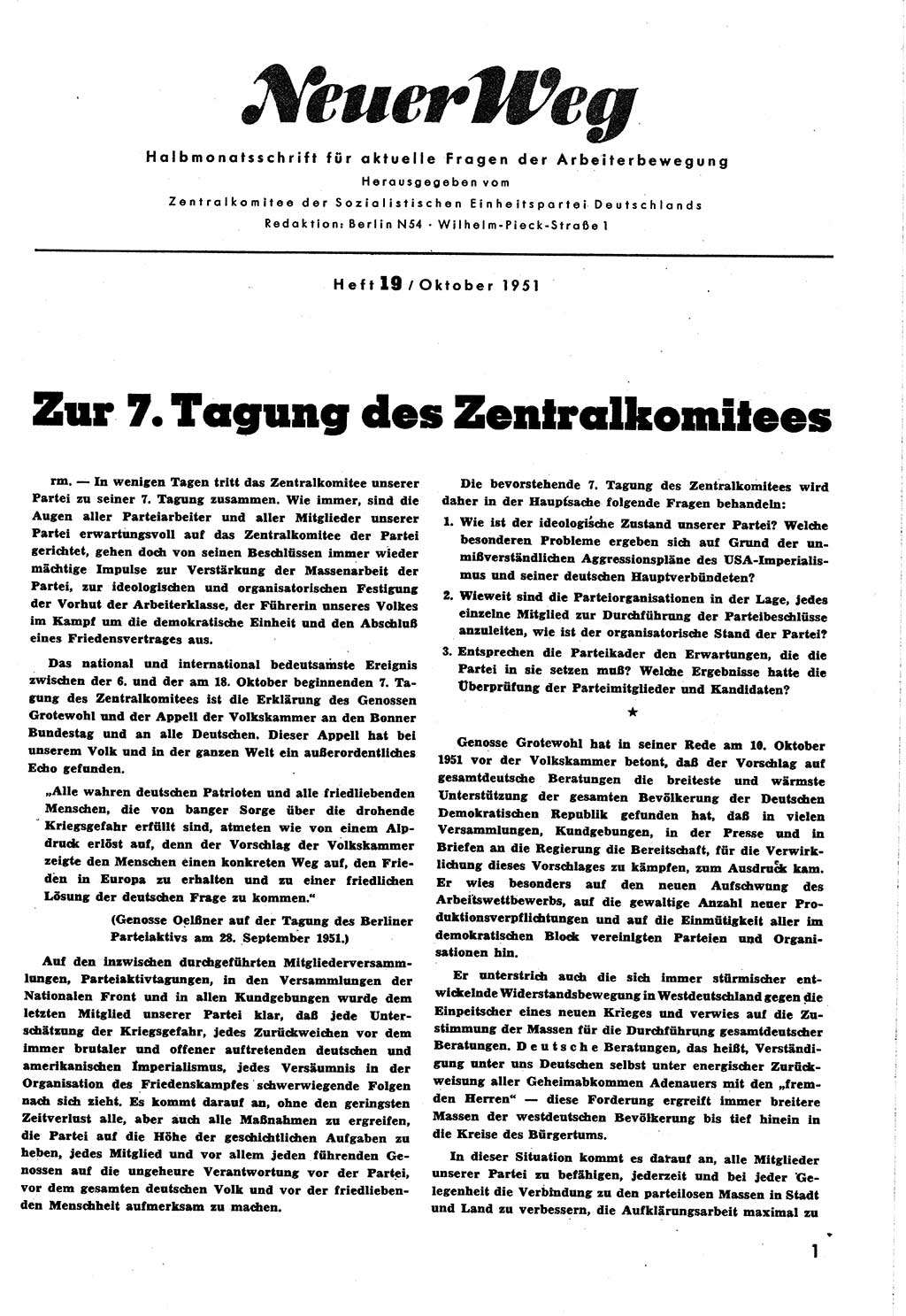 Neuer Weg (NW), Halbmonatsschrift für aktuelle Fragen der Arbeiterbewegung [Zentralkomitee (ZK) Sozialistische Einheitspartei Deutschlands (SED)], 6. Jahrgang [Deutsche Demokratische Republik (DDR)] 1951, Heft 19/1 (NW ZK SED DDR 1951, H. 19/1)