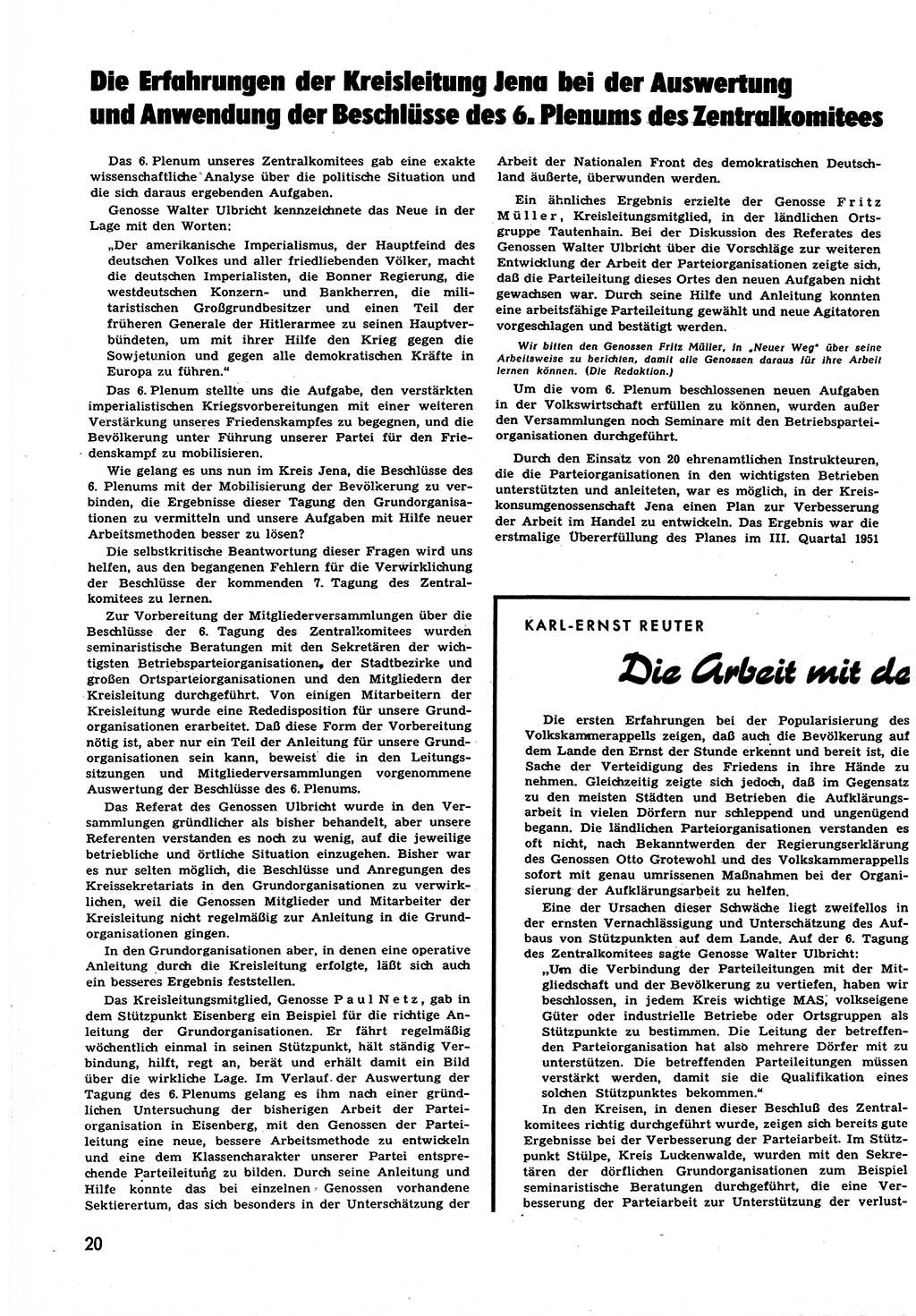 Neuer Weg (NW), Halbmonatsschrift für aktuelle Fragen der Arbeiterbewegung [Zentralkomitee (ZK) Sozialistische Einheitspartei Deutschlands (SED)], 6. Jahrgang [Deutsche Demokratische Republik (DDR)] 1951, Heft 19/20 (NW ZK SED DDR 1951, H. 19/20)