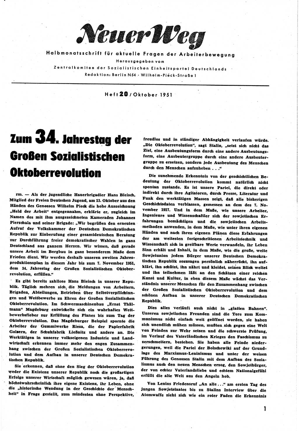 Neuer Weg (NW), Halbmonatsschrift für aktuelle Fragen der Arbeiterbewegung [Zentralkomitee (ZK) Sozialistische Einheitspartei Deutschlands (SED)], 6. Jahrgang [Deutsche Demokratische Republik (DDR)] 1951, Heft 20/1 (NW ZK SED DDR 1951, H. 20/1)