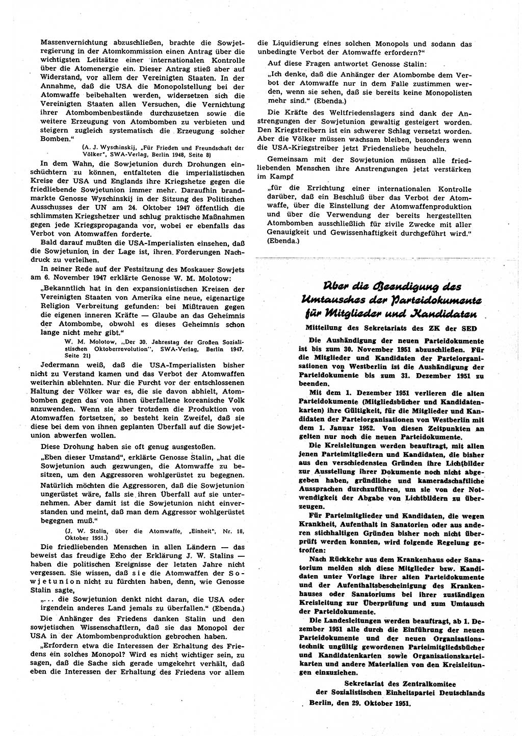 Neuer Weg (NW), Halbmonatsschrift für aktuelle Fragen der Arbeiterbewegung [Zentralkomitee (ZK) Sozialistische Einheitspartei Deutschlands (SED)], 6. Jahrgang [Deutsche Demokratische Republik (DDR)] 1951, Heft 20/9 (NW ZK SED DDR 1951, H. 20/9)