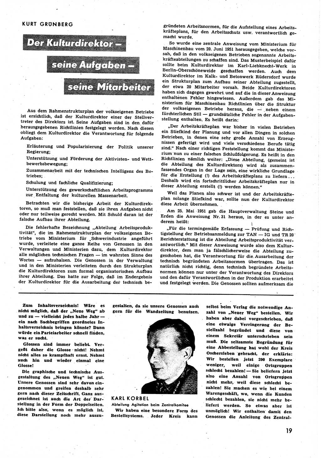 Neuer Weg (NW), Halbmonatsschrift für aktuelle Fragen der Arbeiterbewegung [Zentralkomitee (ZK) Sozialistische Einheitspartei Deutschlands (SED)], 6. Jahrgang [Deutsche Demokratische Republik (DDR)] 1951, Heft 20/19 (NW ZK SED DDR 1951, H. 20/19)