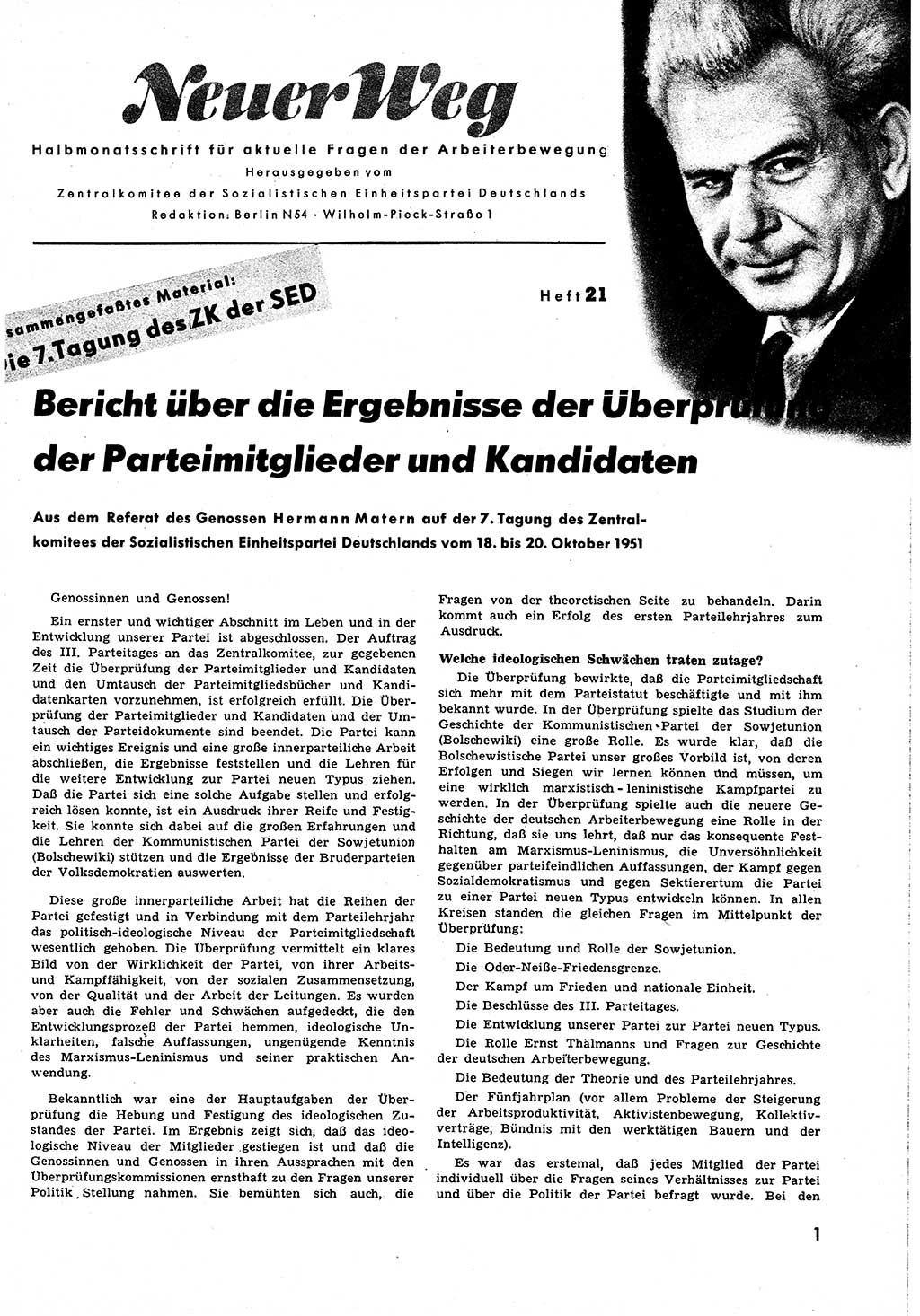 Neuer Weg (NW), Halbmonatsschrift für aktuelle Fragen der Arbeiterbewegung [Zentralkomitee (ZK) Sozialistische Einheitspartei Deutschlands (SED)], 6. Jahrgang [Deutsche Demokratische Republik (DDR)] 1951, Heft 21/1 (NW ZK SED DDR 1951, H. 21/1)