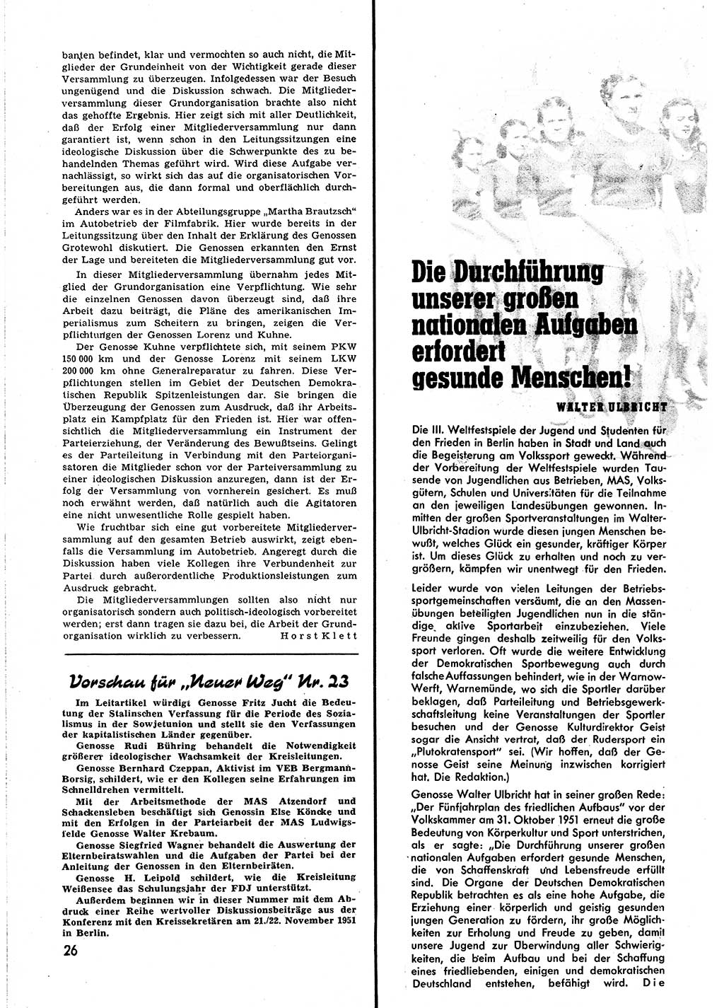 Neuer Weg (NW), Halbmonatsschrift für aktuelle Fragen der Arbeiterbewegung [Zentralkomitee (ZK) Sozialistische Einheitspartei Deutschlands (SED)], 6. Jahrgang [Deutsche Demokratische Republik (DDR)] 1951, Heft 22/26 (NW ZK SED DDR 1951, H. 22/26)
