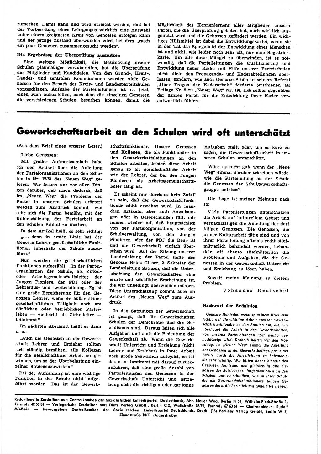 Neuer Weg (NW), Halbmonatsschrift für aktuelle Fragen der Arbeiterbewegung [Zentralkomitee (ZK) Sozialistische Einheitspartei Deutschlands (SED)], 6. Jahrgang [Deutsche Demokratische Republik (DDR)] 1951, Heft 22/29 (NW ZK SED DDR 1951, H. 22/29)