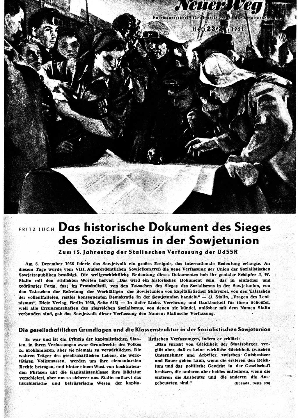 Neuer Weg (NW), Halbmonatsschrift für aktuelle Fragen der Arbeiterbewegung [Zentralkomitee (ZK) Sozialistische Einheitspartei Deutschlands (SED)], 6. Jahrgang [Deutsche Demokratische Republik (DDR)] 1951, Heft 23 (NW ZK SED DDR 1951, H. 23)