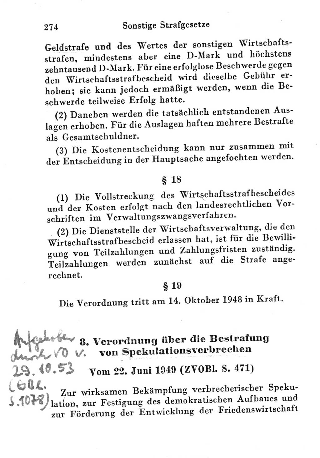 Strafgesetzbuch (StGB) und andere Strafgesetze [Deutsche Demokratische Republik (DDR)] 1951, Seite 274 (StGB Strafges. DDR 1951, S. 274)