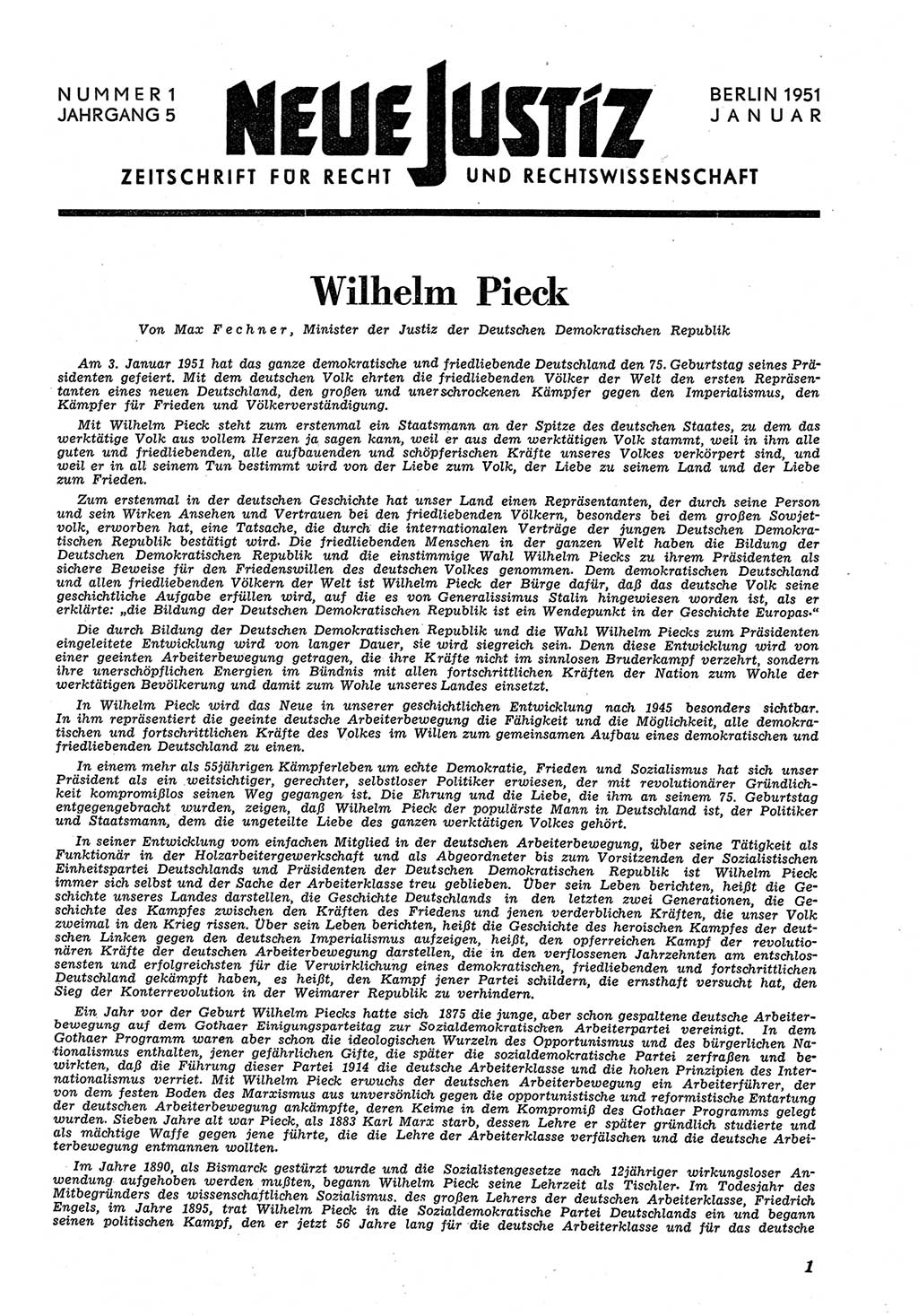 Neue Justiz (NJ), Zeitschrift für Recht und Rechtswissenschaft [Deutsche Demokratische Republik (DDR)], 5. Jahrgang 1951, Seite 1 (NJ DDR 1951, S. 1)