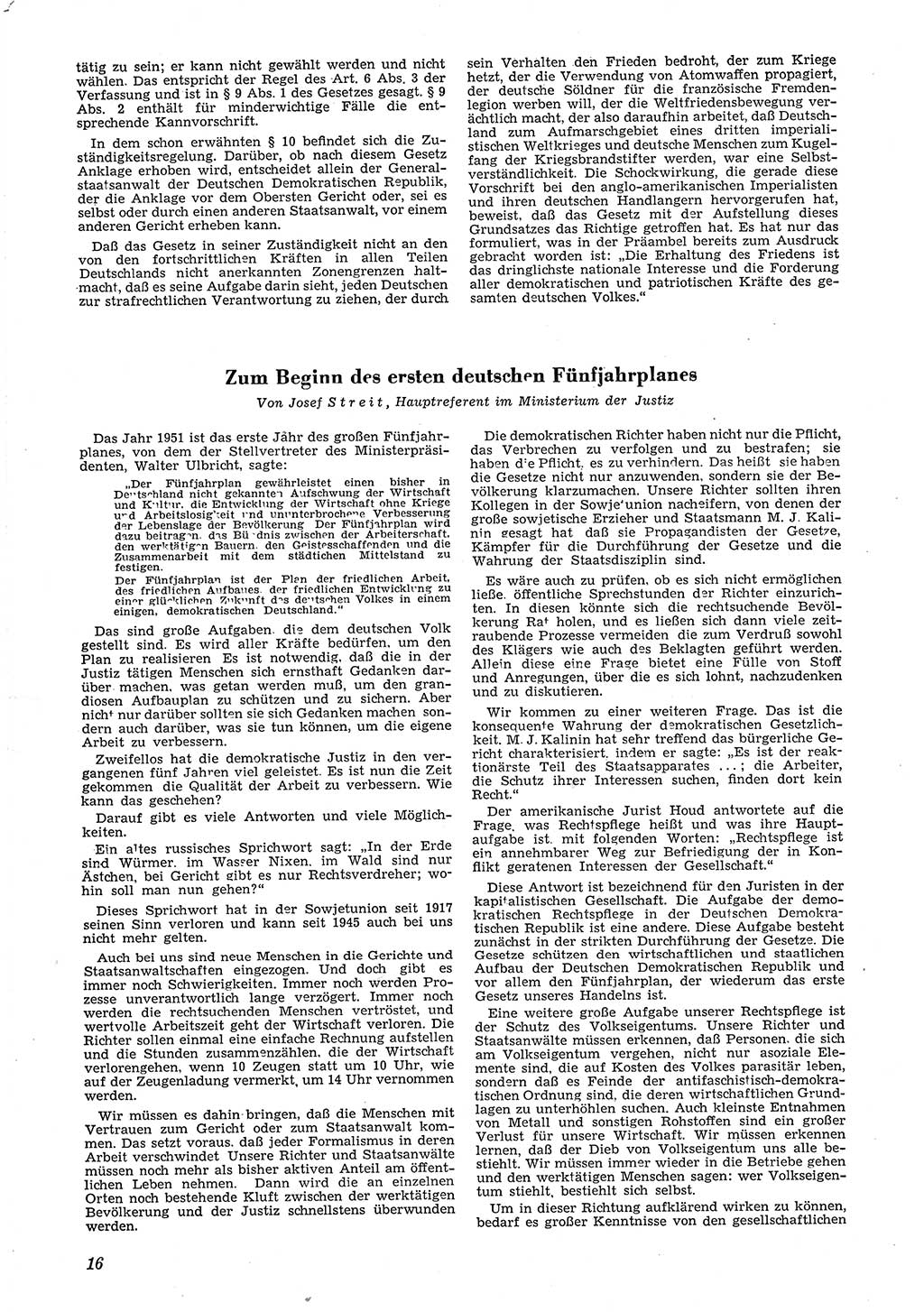 Neue Justiz (NJ), Zeitschrift für Recht und Rechtswissenschaft [Deutsche Demokratische Republik (DDR)], 5. Jahrgang 1951, Seite 16 (NJ DDR 1951, S. 16)