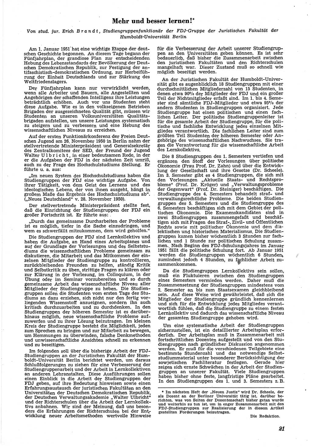 Neue Justiz (NJ), Zeitschrift für Recht und Rechtswissenschaft [Deutsche Demokratische Republik (DDR)], 5. Jahrgang 1951, Seite 21 (NJ DDR 1951, S. 21)