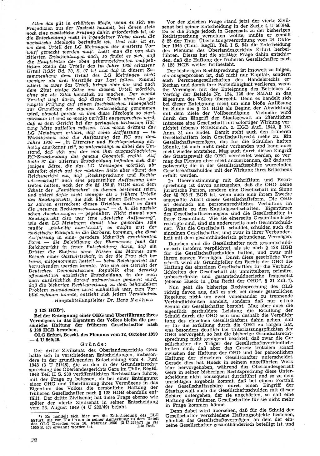 Neue Justiz (NJ), Zeitschrift für Recht und Rechtswissenschaft [Deutsche Demokratische Republik (DDR)], 5. Jahrgang 1951, Seite 38 (NJ DDR 1951, S. 38)