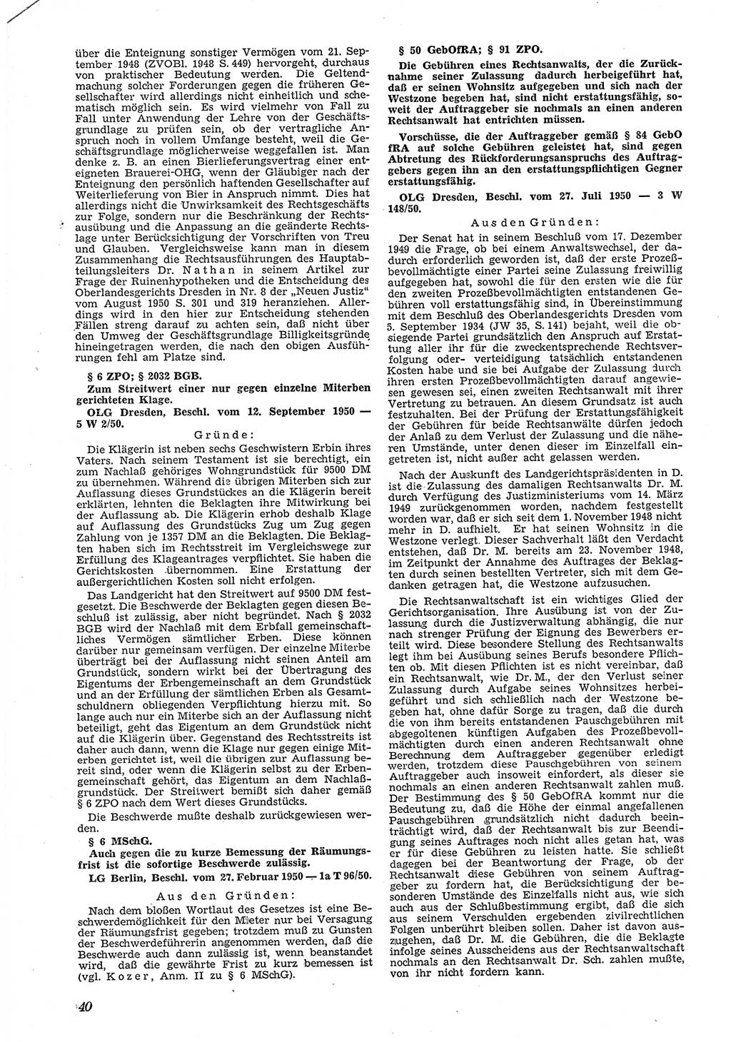 Neue Justiz (NJ), Zeitschrift für Recht und Rechtswissenschaft [Deutsche Demokratische Republik (DDR)], 5. Jahrgang 1951, Seite 40 (NJ DDR 1951, S. 40)