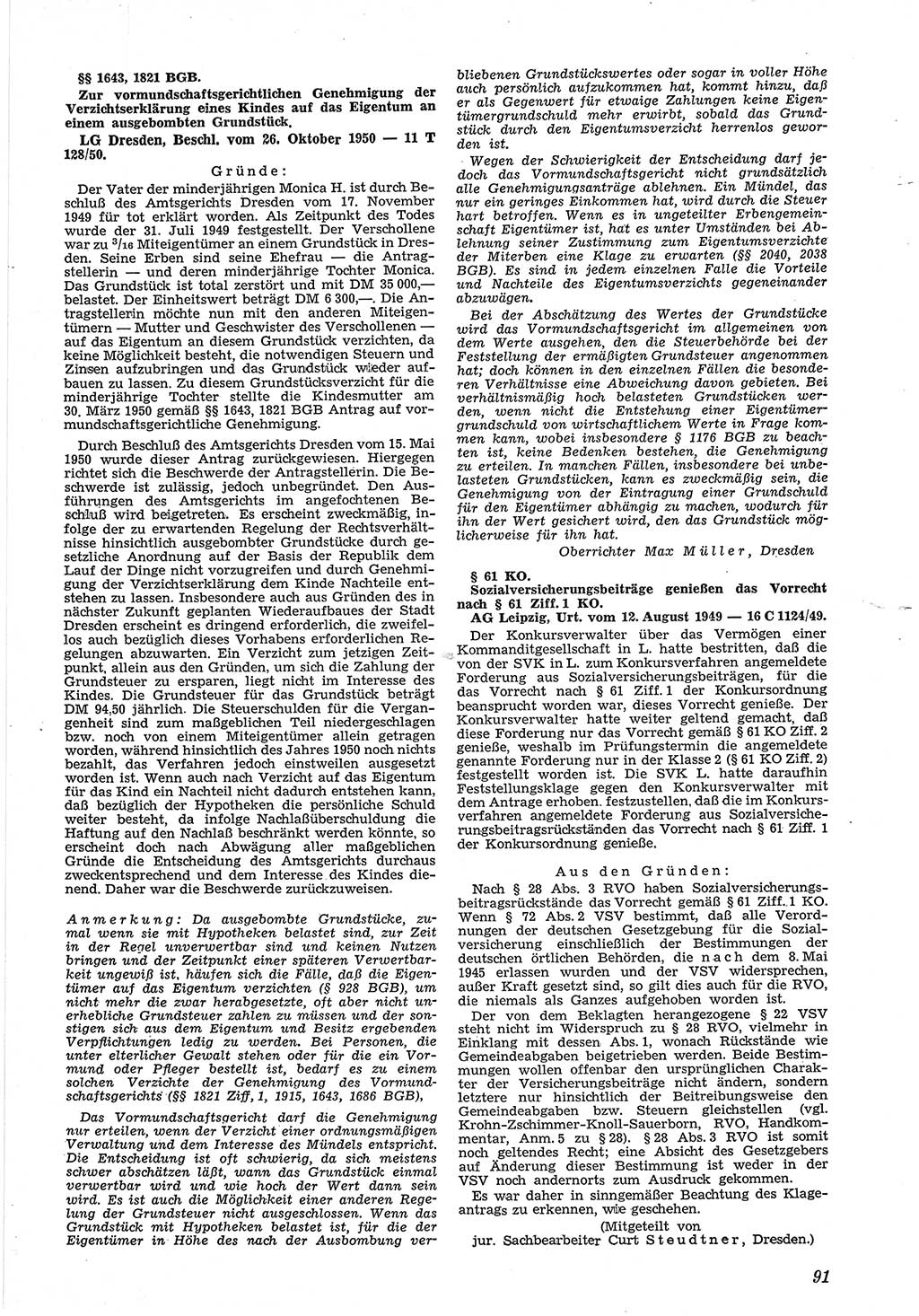 Neue Justiz (NJ), Zeitschrift für Recht und Rechtswissenschaft [Deutsche Demokratische Republik (DDR)], 5. Jahrgang 1951, Seite 91 (NJ DDR 1951, S. 91)