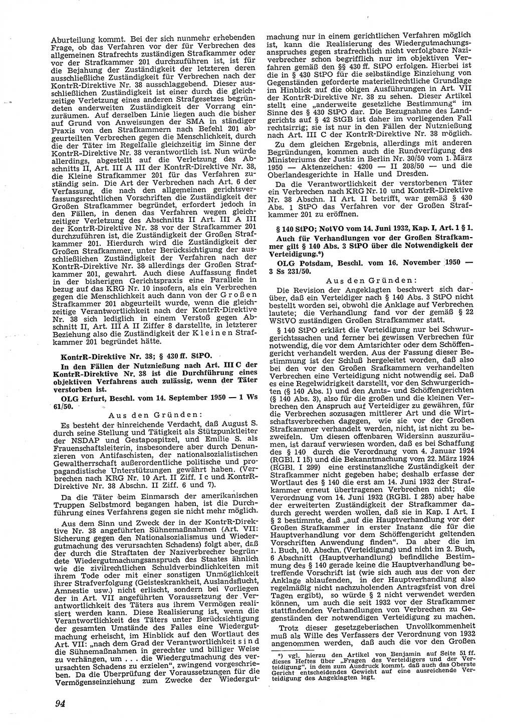 Neue Justiz (NJ), Zeitschrift für Recht und Rechtswissenschaft [Deutsche Demokratische Republik (DDR)], 5. Jahrgang 1951, Seite 94 (NJ DDR 1951, S. 94)