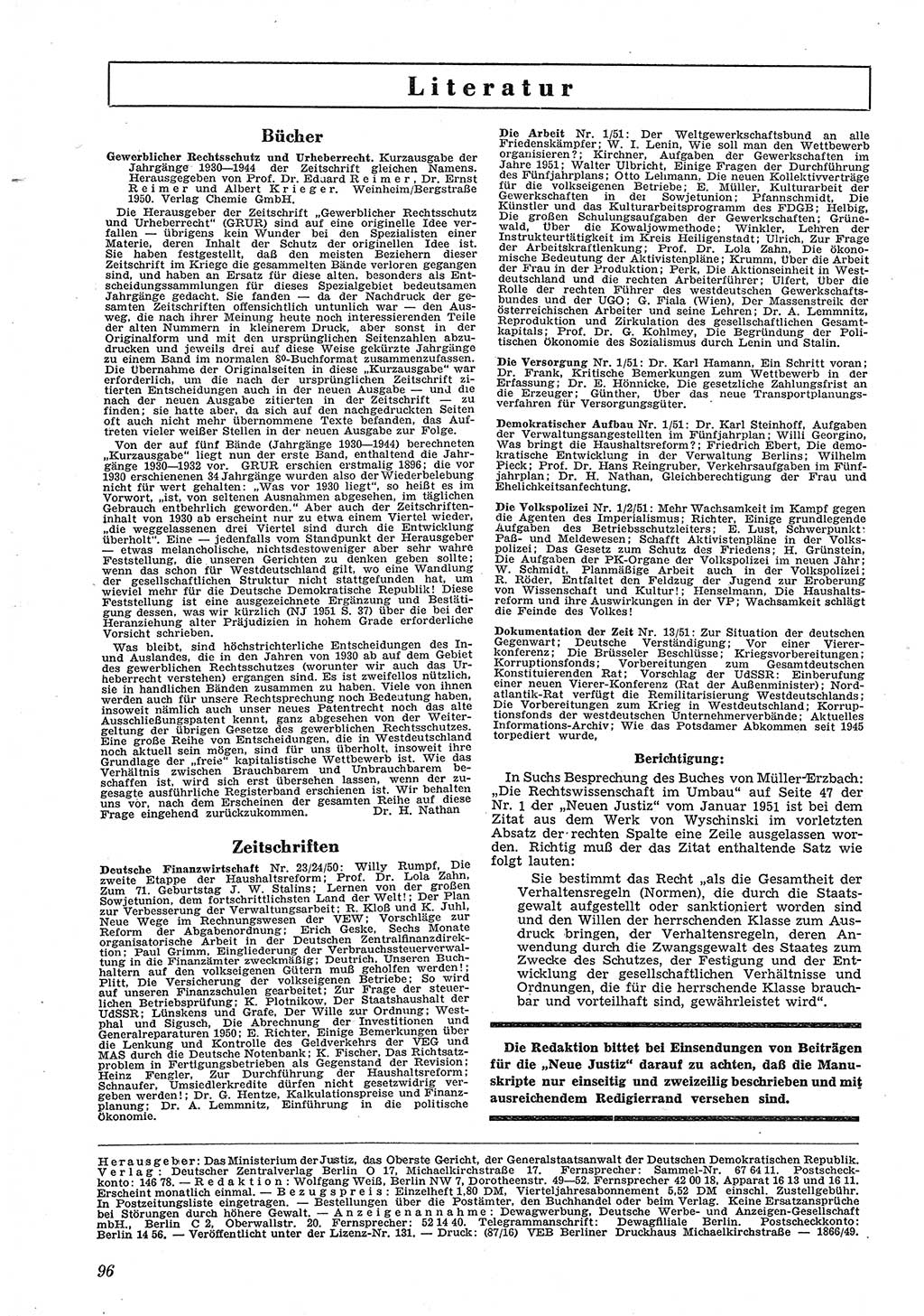 Neue Justiz (NJ), Zeitschrift für Recht und Rechtswissenschaft [Deutsche Demokratische Republik (DDR)], 5. Jahrgang 1951, Seite 96 (NJ DDR 1951, S. 96)