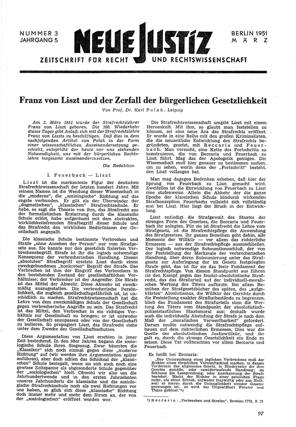 Neue Justiz (NJ), Zeitschrift für Recht und Rechtswissenschaft [Deutsche Demokratische Republik (DDR)], 5. Jahrgang 1951, Seite 97 (NJ DDR 1951, S. 97)