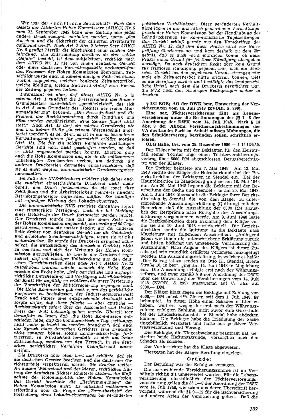 Neue Justiz (NJ), Zeitschrift für Recht und Rechtswissenschaft [Deutsche Demokratische Republik (DDR)], 5. Jahrgang 1951, Seite 137 (NJ DDR 1951, S. 137)