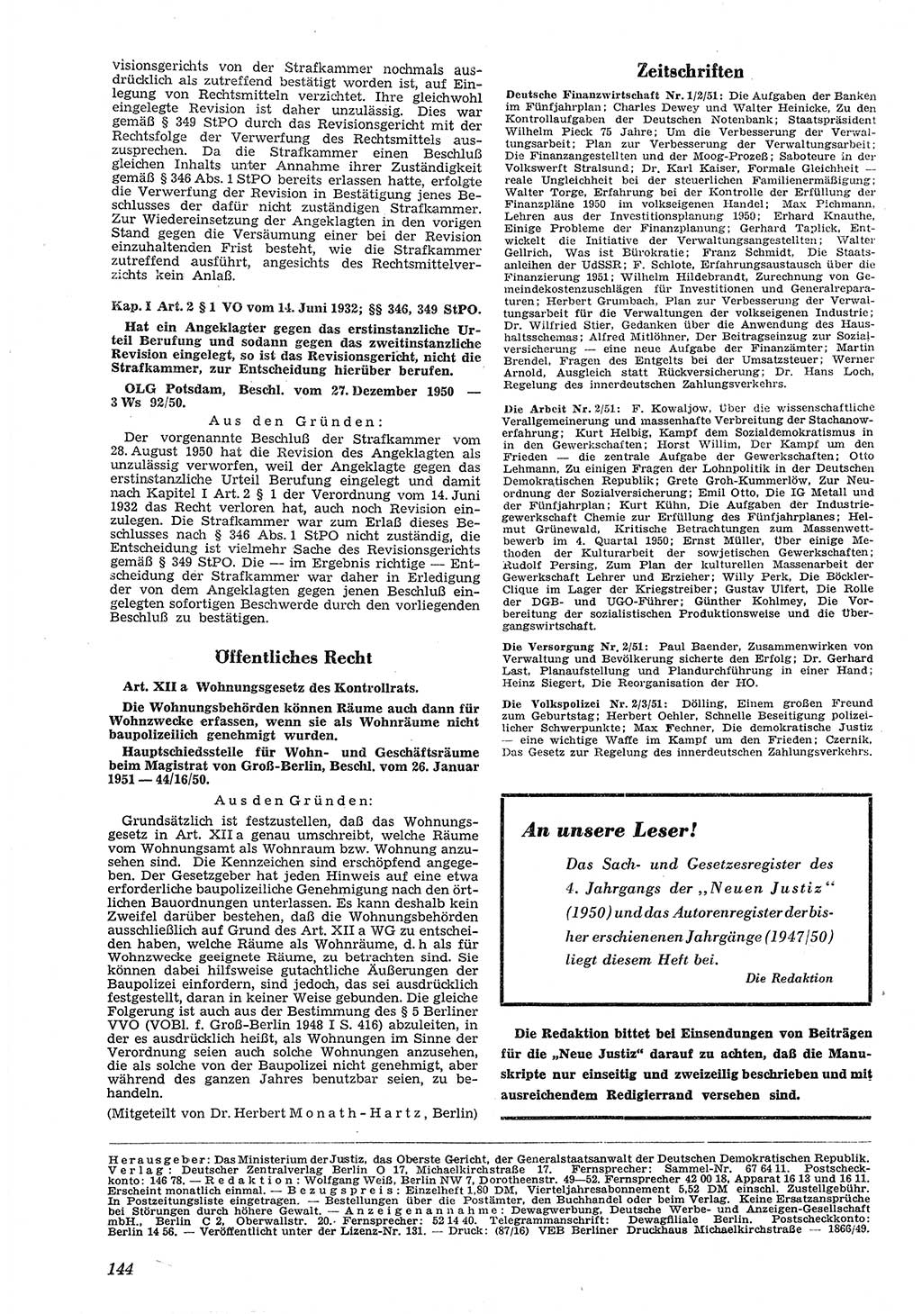 Neue Justiz (NJ), Zeitschrift für Recht und Rechtswissenschaft [Deutsche Demokratische Republik (DDR)], 5. Jahrgang 1951, Seite 144 (NJ DDR 1951, S. 144)