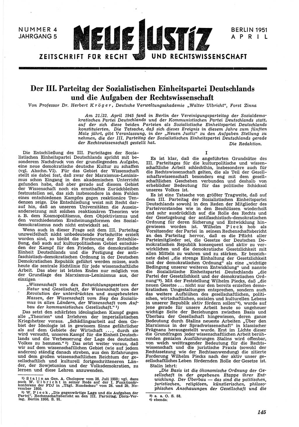 Neue Justiz (NJ), Zeitschrift für Recht und Rechtswissenschaft [Deutsche Demokratische Republik (DDR)], 5. Jahrgang 1951, Seite 145 (NJ DDR 1951, S. 145)