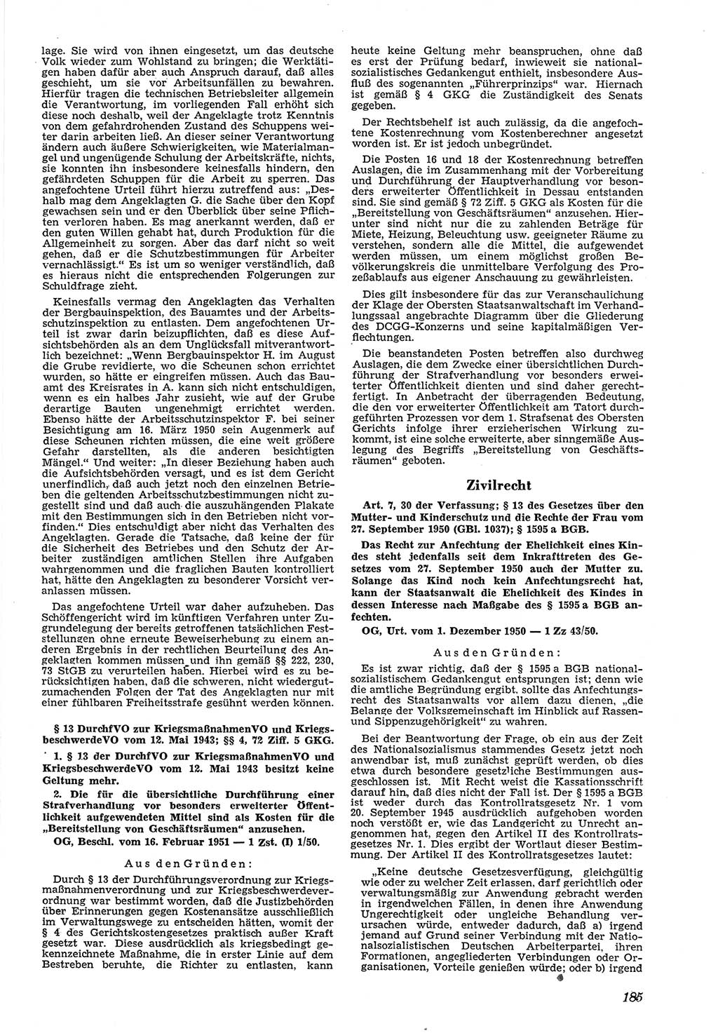 Neue Justiz (NJ), Zeitschrift für Recht und Rechtswissenschaft [Deutsche Demokratische Republik (DDR)], 5. Jahrgang 1951, Seite 185 (NJ DDR 1951, S. 185)