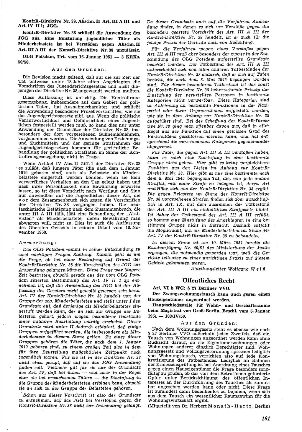 Neue Justiz (NJ), Zeitschrift für Recht und Rechtswissenschaft [Deutsche Demokratische Republik (DDR)], 5. Jahrgang 1951, Seite 191 (NJ DDR 1951, S. 191)