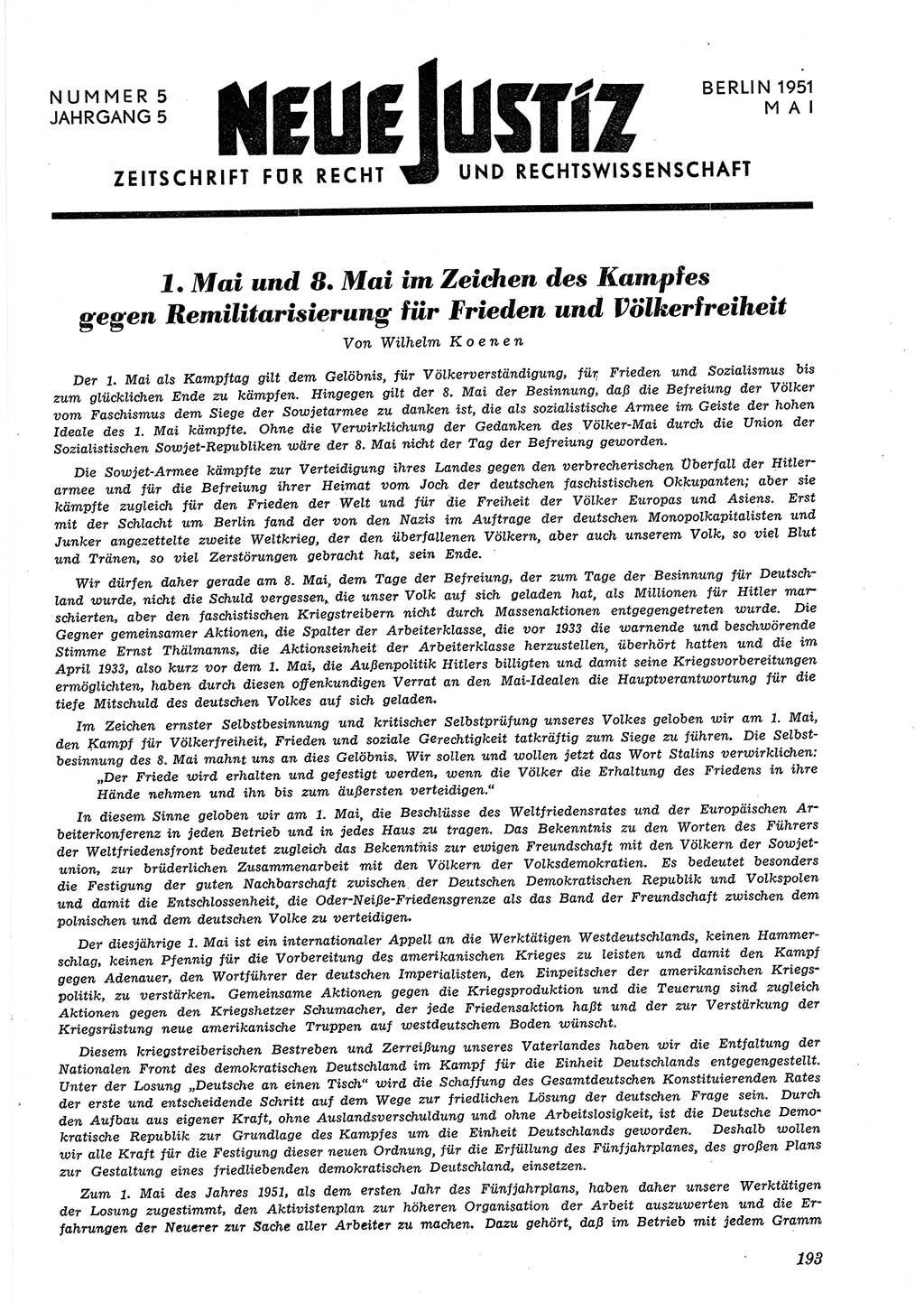 Neue Justiz (NJ), Zeitschrift für Recht und Rechtswissenschaft [Deutsche Demokratische Republik (DDR)], 5. Jahrgang 1951, Seite 193 (NJ DDR 1951, S. 193)