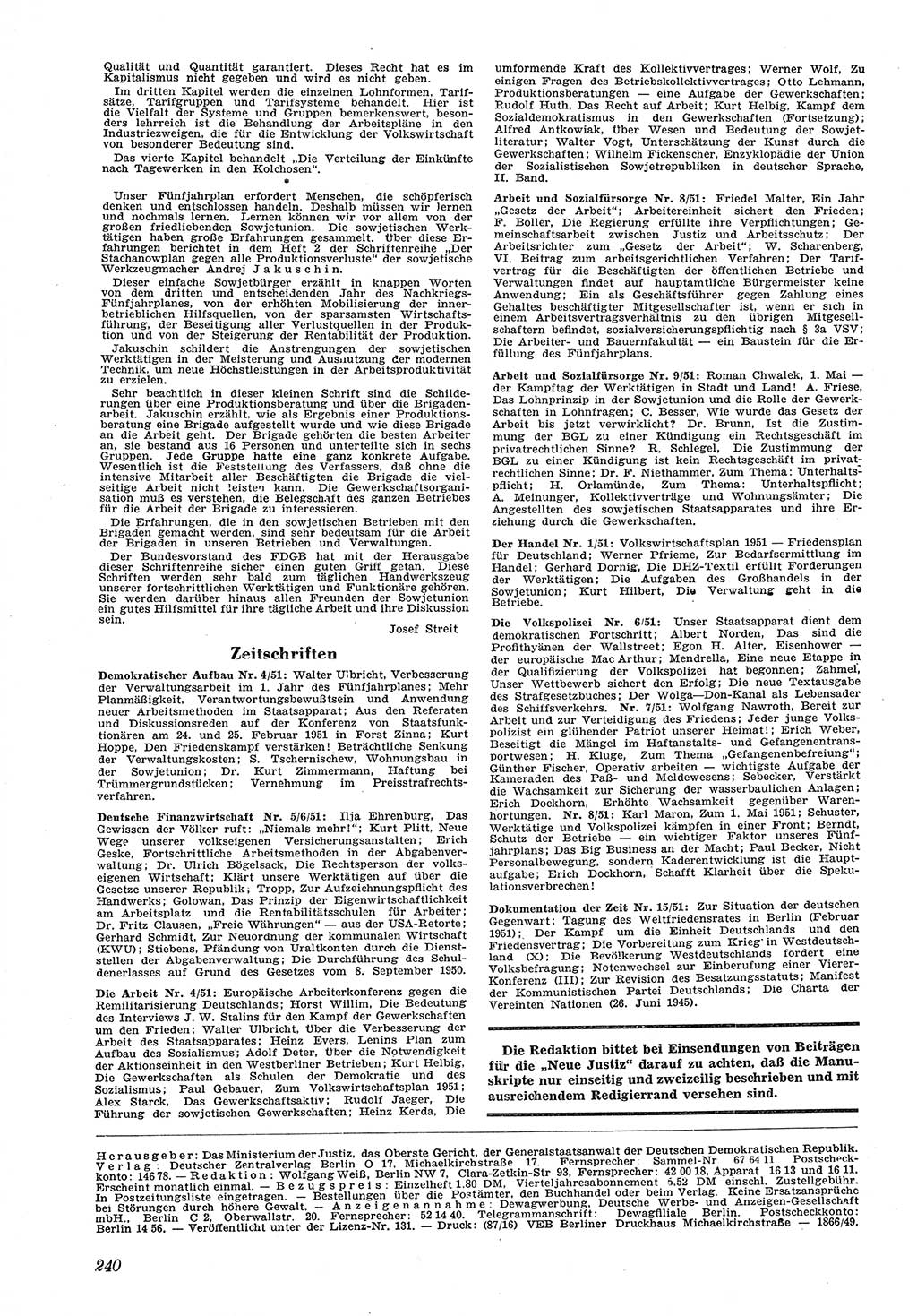 Neue Justiz (NJ), Zeitschrift für Recht und Rechtswissenschaft [Deutsche Demokratische Republik (DDR)], 5. Jahrgang 1951, Seite 240 (NJ DDR 1951, S. 240)
