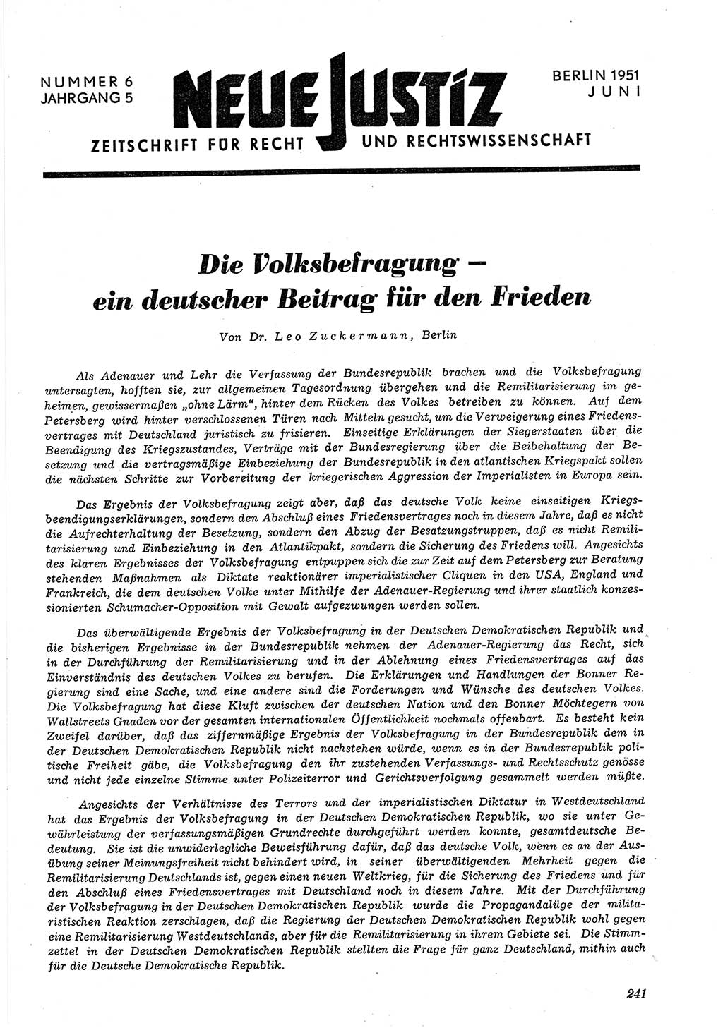 Neue Justiz (NJ), Zeitschrift für Recht und Rechtswissenschaft [Deutsche Demokratische Republik (DDR)], 5. Jahrgang 1951, Seite 241 (NJ DDR 1951, S. 241)