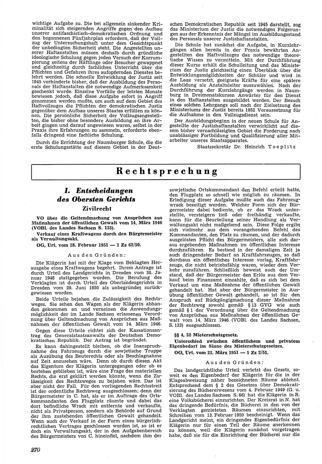 Neue Justiz (NJ), Zeitschrift für Recht und Rechtswissenschaft [Deutsche Demokratische Republik (DDR)], 5. Jahrgang 1951, Seite 270 (NJ DDR 1951, S. 270)