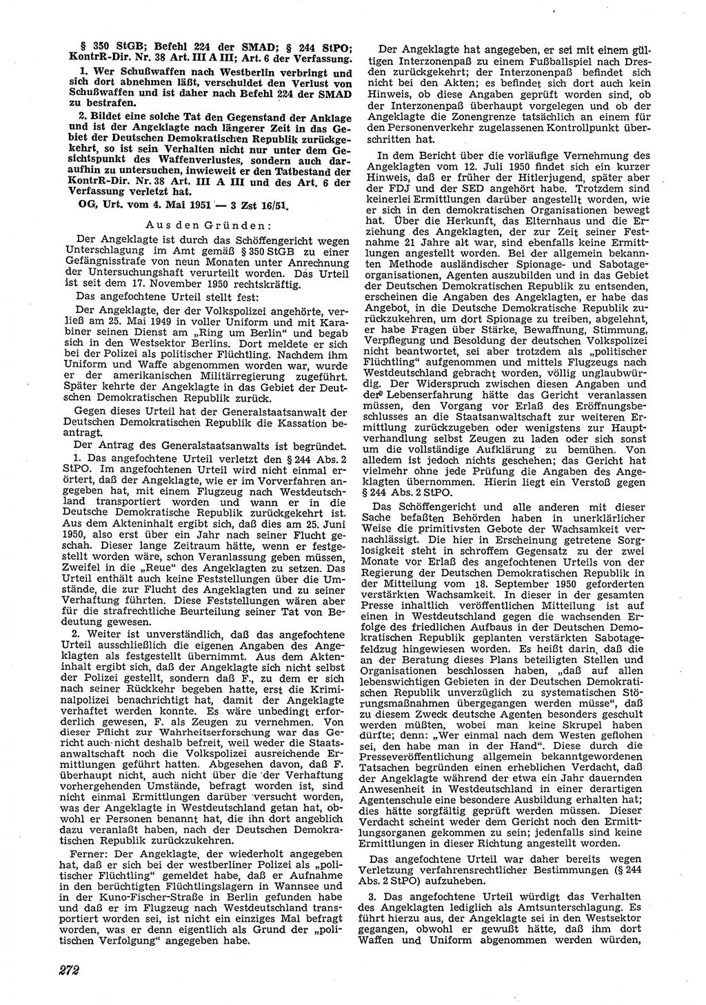 Neue Justiz (NJ), Zeitschrift für Recht und Rechtswissenschaft [Deutsche Demokratische Republik (DDR)], 5. Jahrgang 1951, Seite 272 (NJ DDR 1951, S. 272)