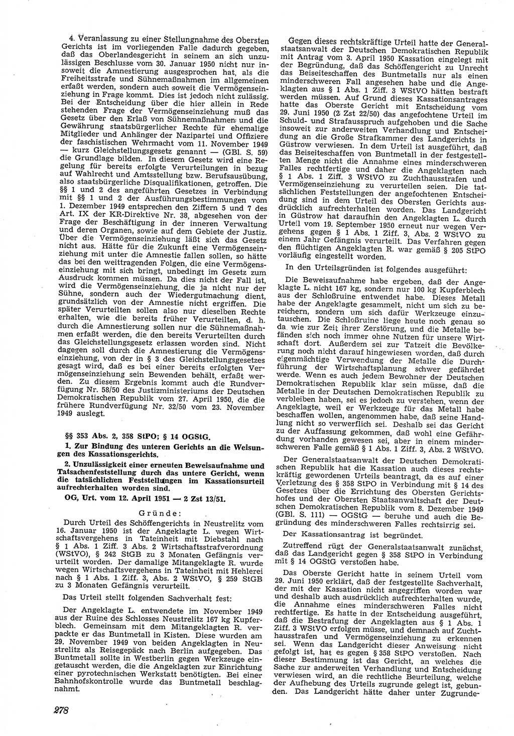 Neue Justiz (NJ), Zeitschrift für Recht und Rechtswissenschaft [Deutsche Demokratische Republik (DDR)], 5. Jahrgang 1951, Seite 278 (NJ DDR 1951, S. 278)