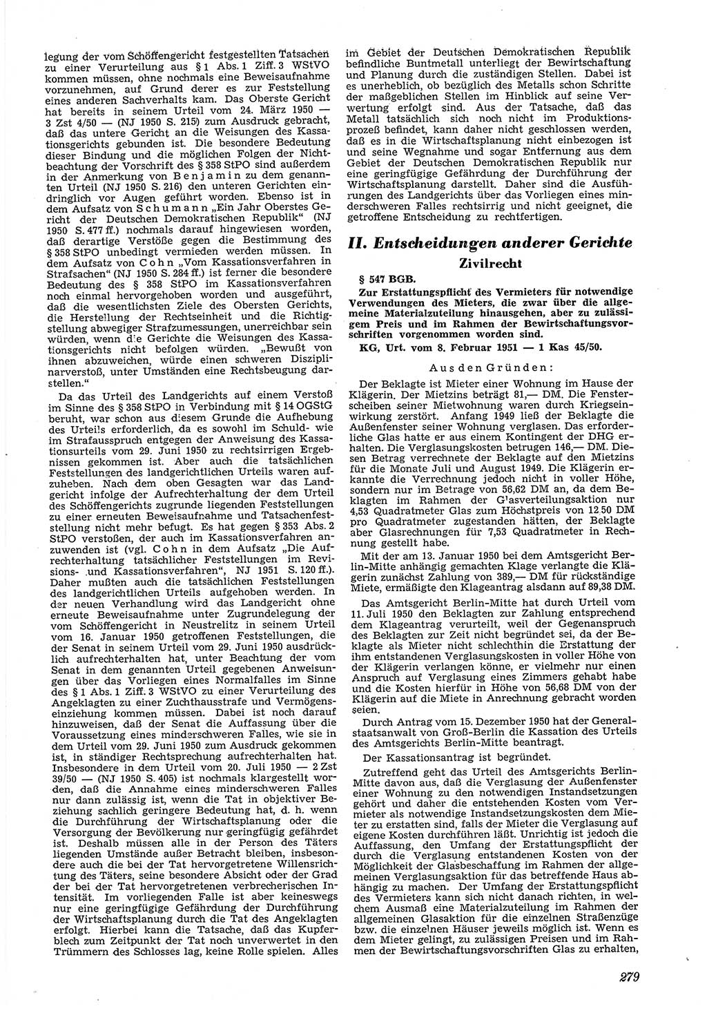 Neue Justiz (NJ), Zeitschrift für Recht und Rechtswissenschaft [Deutsche Demokratische Republik (DDR)], 5. Jahrgang 1951, Seite 279 (NJ DDR 1951, S. 279)