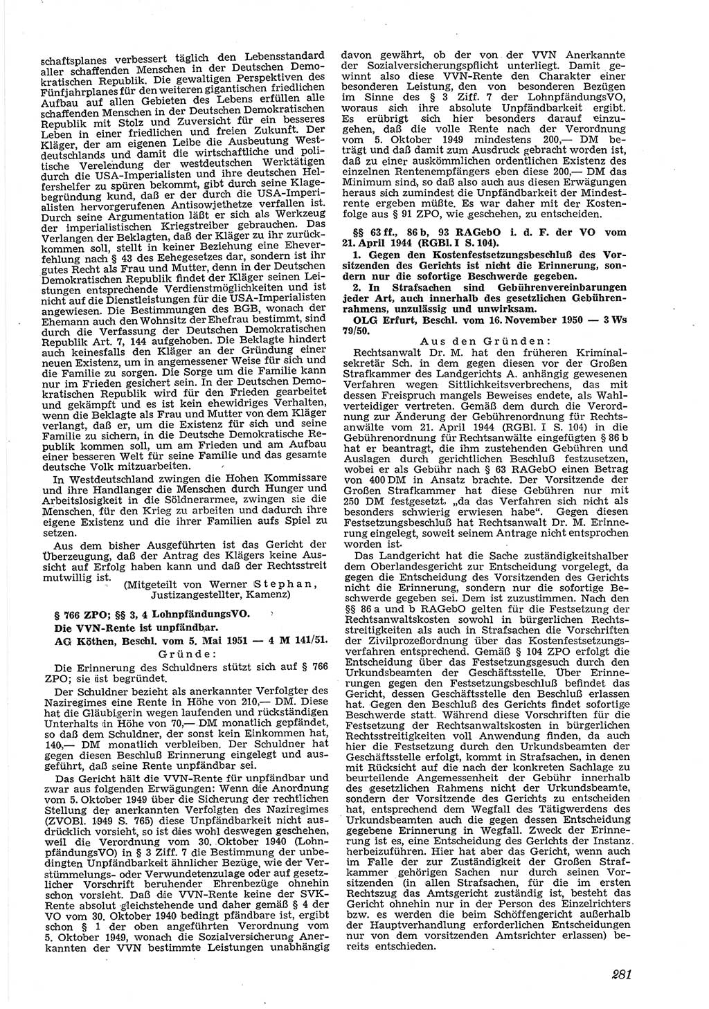 Neue Justiz (NJ), Zeitschrift für Recht und Rechtswissenschaft [Deutsche Demokratische Republik (DDR)], 5. Jahrgang 1951, Seite 281 (NJ DDR 1951, S. 281)